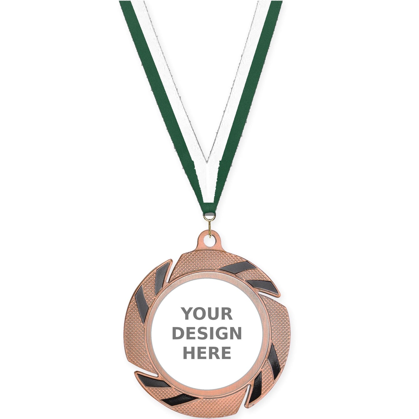 2 3/4 inch Two-Tone Swoosh insert medal in bronze/black with Hunter Green White neck ribbon
