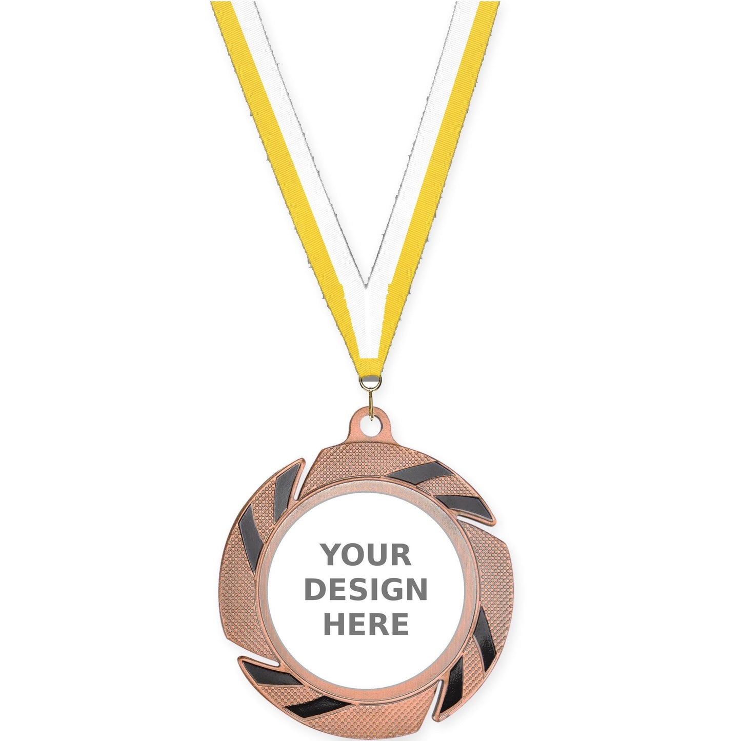 2 3/4 inch Two-Tone Swoosh insert medal in bronze/black with Yellow White neck ribbon