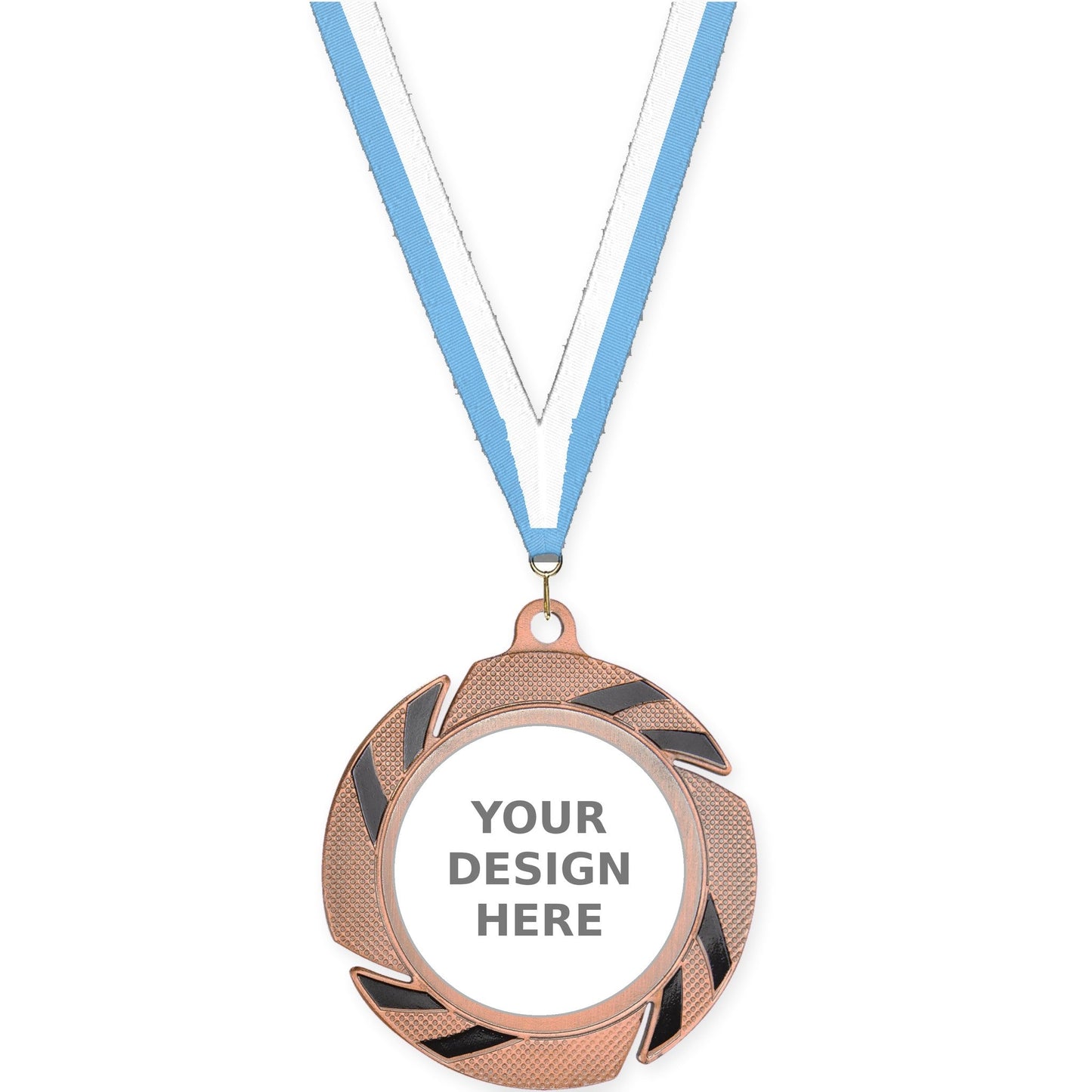 2 3/4 inch Two-Tone Swoosh insert medal in bronze/black with Light Blue White neck ribbon