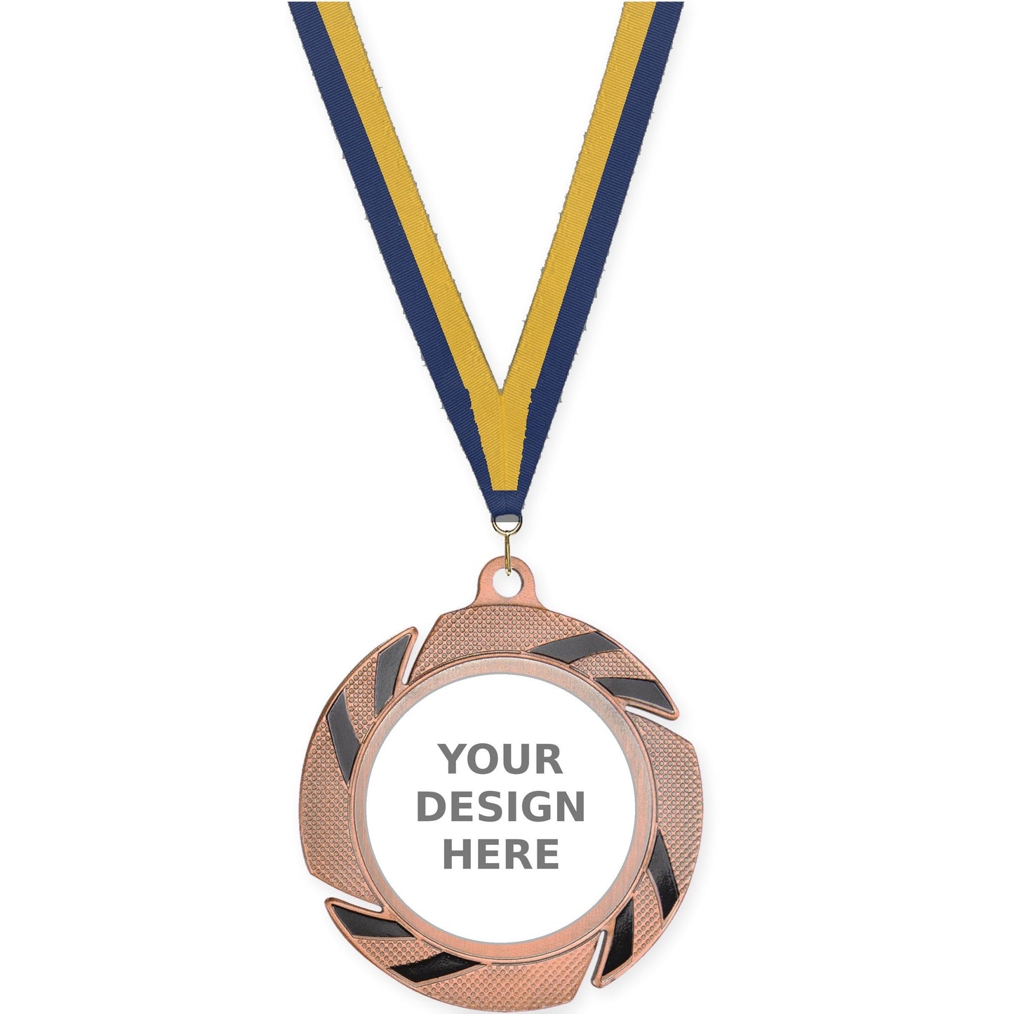 2 3/4 inch Two-Tone Swoosh insert medal in bronze/black with Navy Gold neck ribbon
