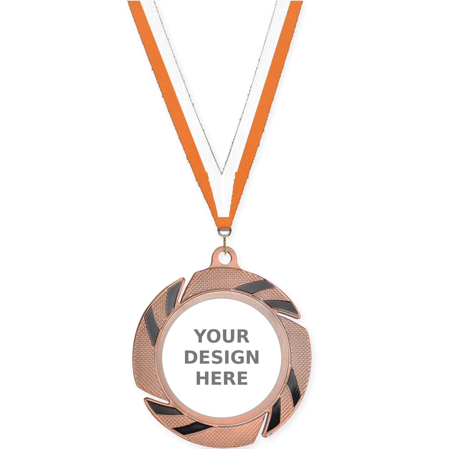 2 3/4 inch Two-Tone Swoosh insert medal in bronze/black with Orange White neck ribbon