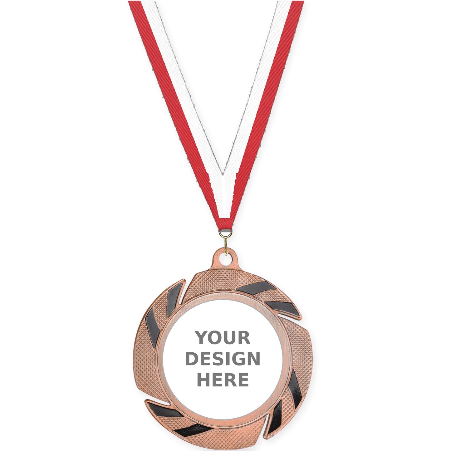 2 3/4 inch Two-Tone Swoosh insert medal in bronze/black with Red White neck ribbon