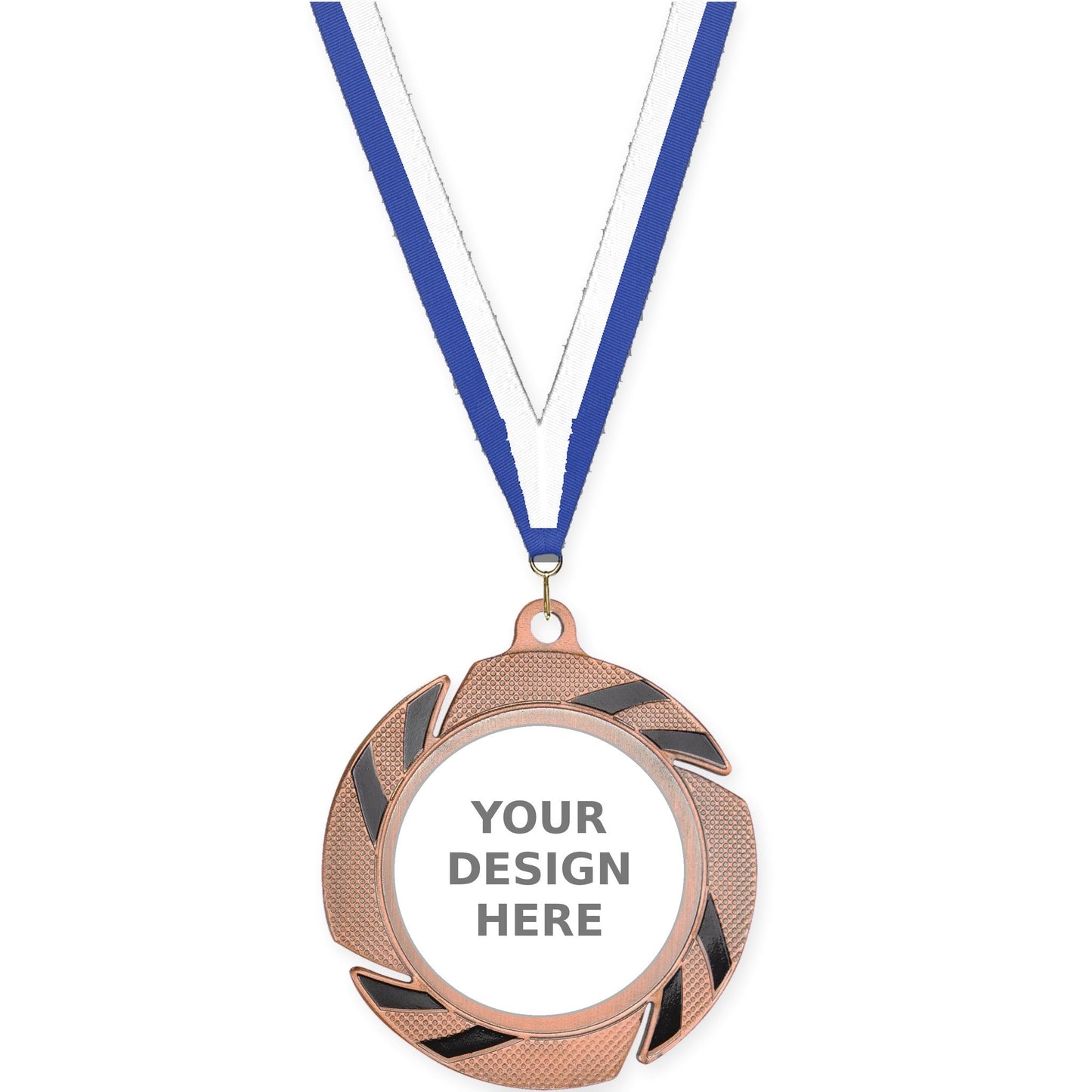 2 3/4 inch Two-Tone Swoosh insert medal in bronze/black with Blue White neck ribbon