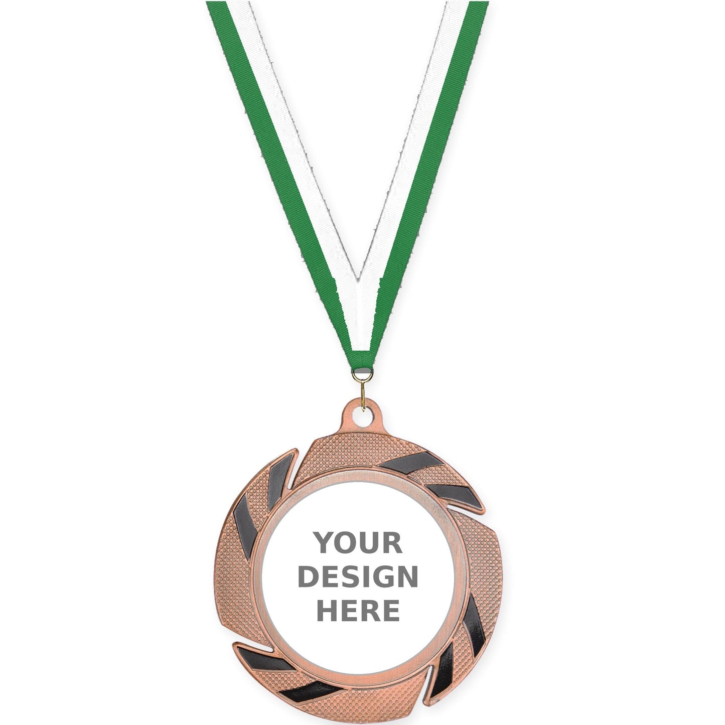 2 3/4 inch Two-Tone Swoosh insert medal in bronze/black with Green White neck ribbon