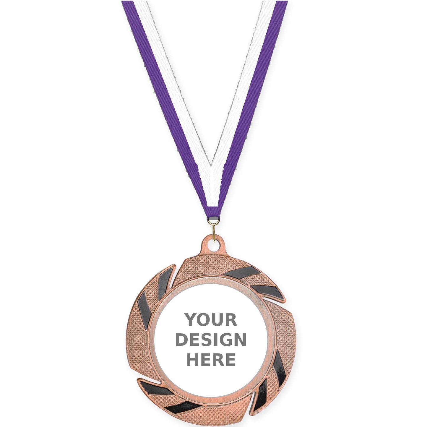 2 3/4 inch Two-Tone Swoosh insert medal in bronze/black with Purple White neck ribbon