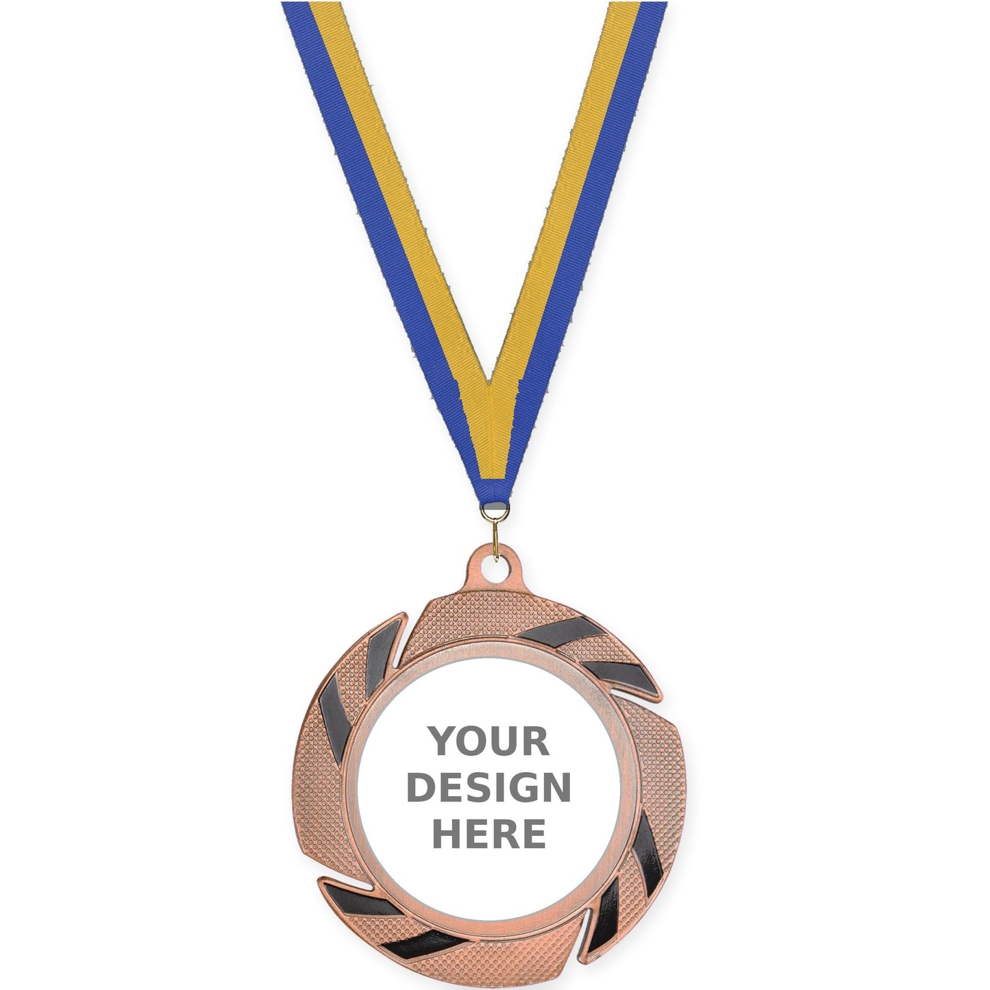 2 3/4 inch Two-Tone Swoosh insert medal in bronze/black with Blue Gold neck ribbon