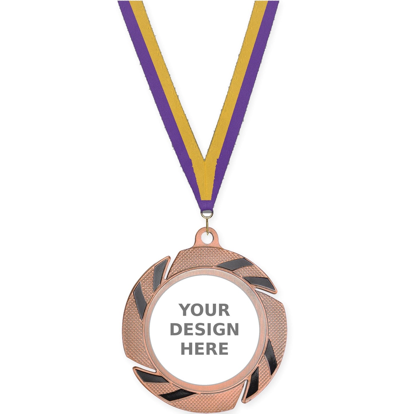 2 3/4 inch Two-Tone Swoosh insert medal in bronze/black with Purple Gold neck ribbon