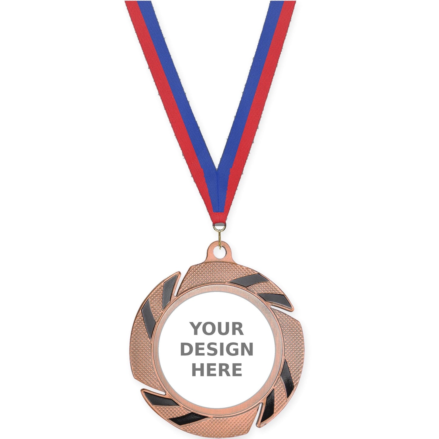 2 3/4 inch Two-Tone Swoosh insert medal in bronze/black with Blue Red neck ribbon