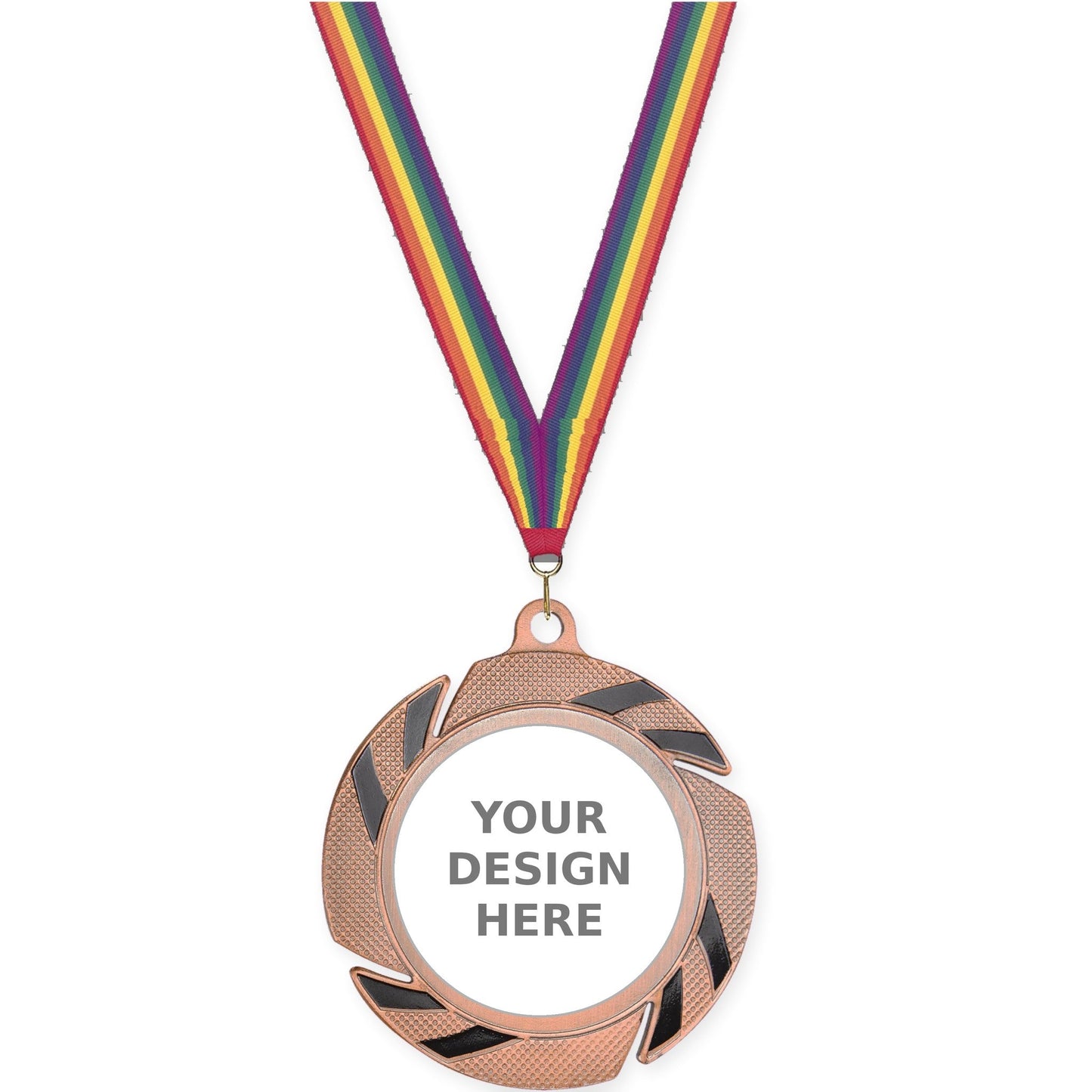 2 3/4 inch Two-Tone Swoosh insert medal in bronze/black with Rainbow neck ribbon