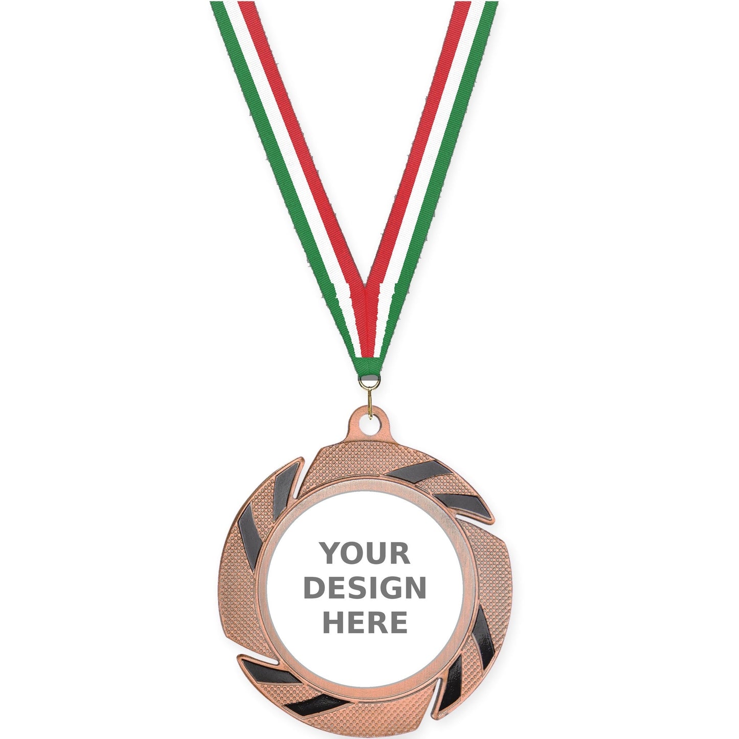 2 3/4 inch Two-Tone Swoosh insert medal in bronze/black with Green White Red neck ribbon