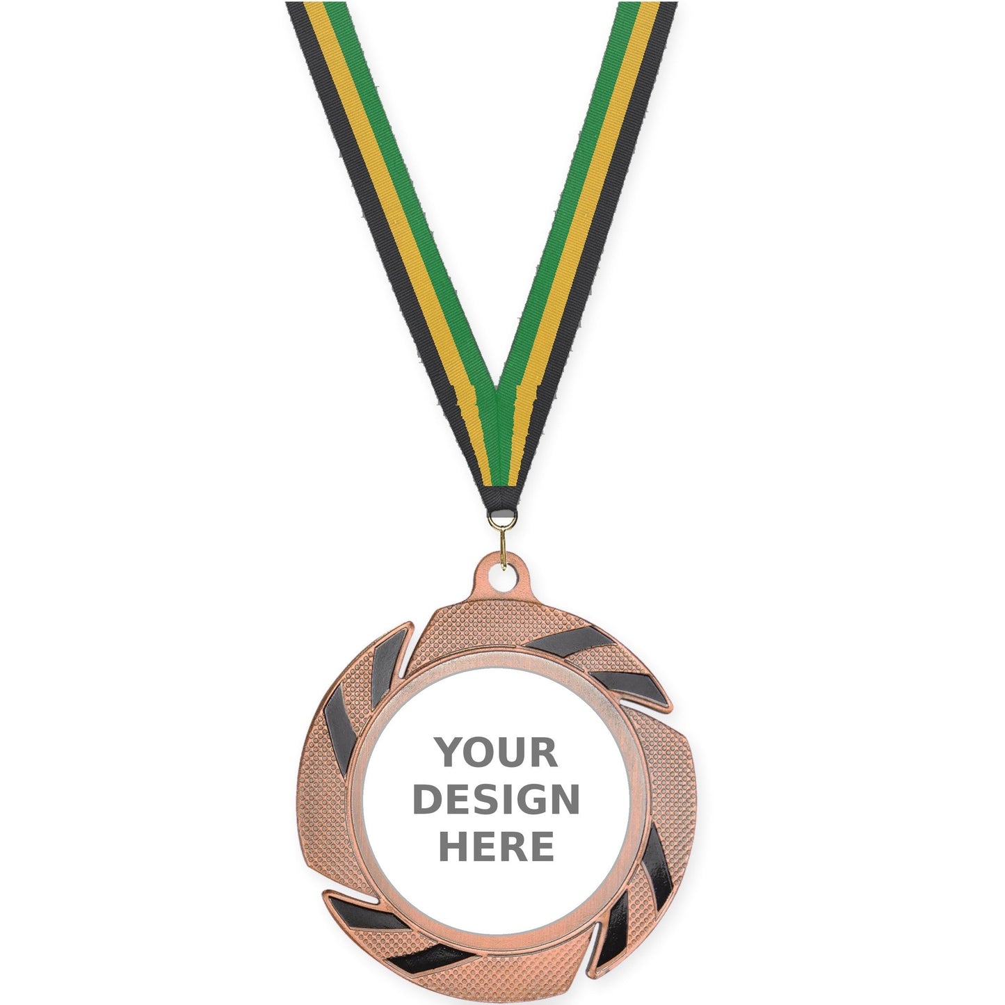 2 3/4 inch Two-Tone Swoosh insert medal in bronze/black with Black Gold Green neck ribbon