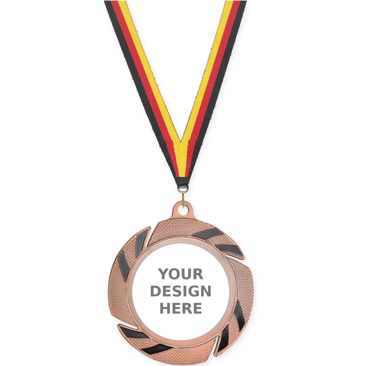 2 3/4 inch Two-Tone Swoosh insert medal in bronze/black with Black Red Yellow neck ribbon
