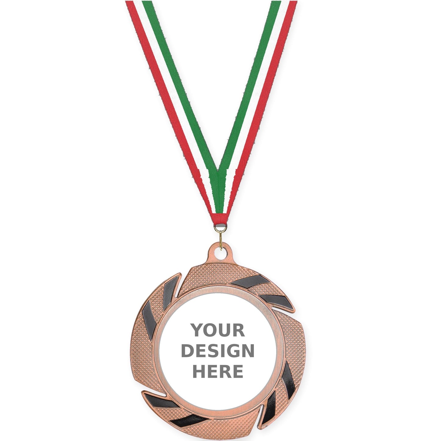 2 3/4 inch Two-Tone Swoosh insert medal in bronze/black with Red White Green neck ribbon