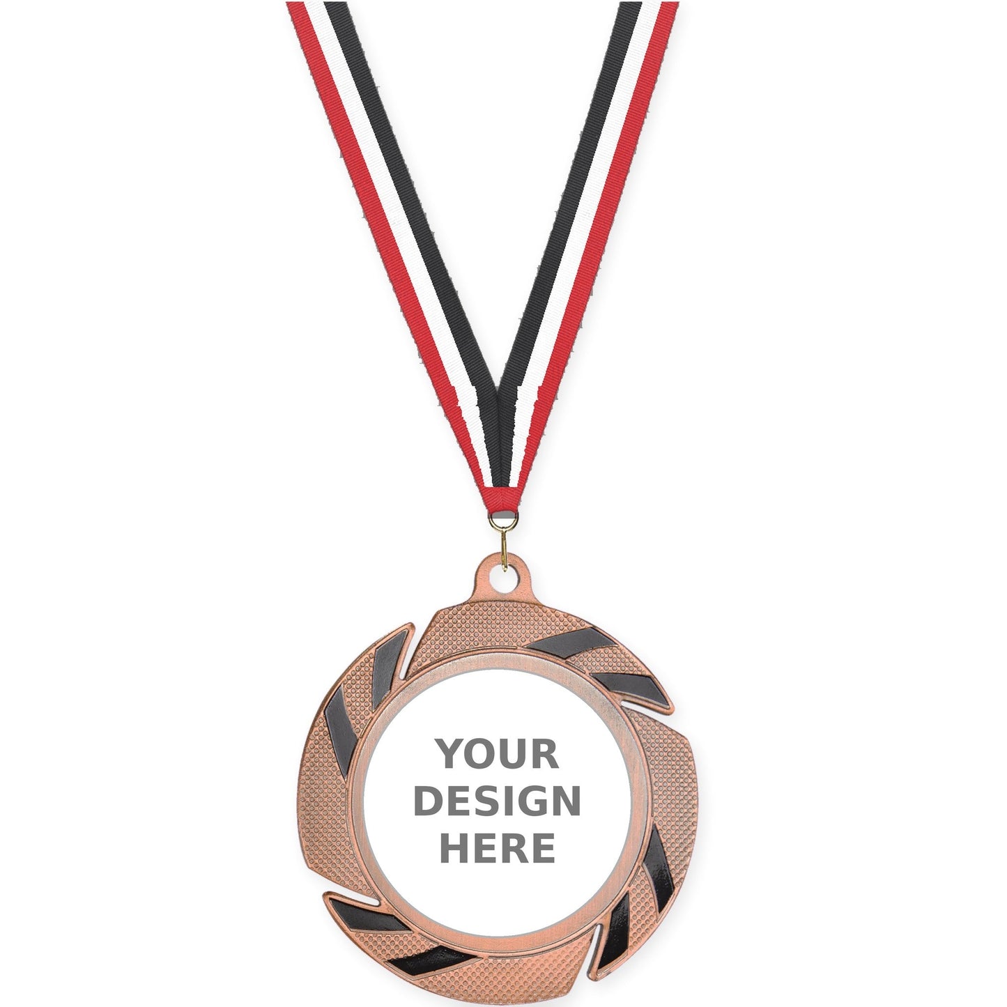 2 3/4 inch Two-Tone Swoosh insert medal in bronze/black with Red White Black neck ribbon