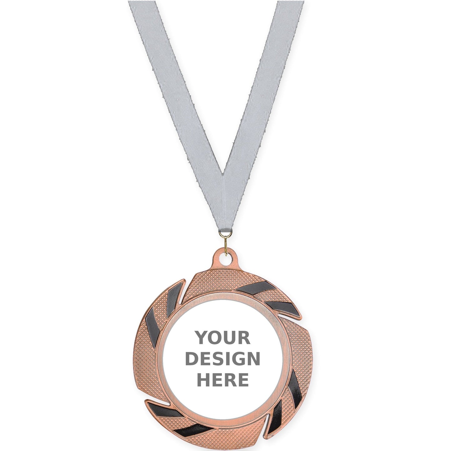 2 3/4 inch Two-Tone Swoosh insert medal in bronze/black with Silver Metallic neck ribbon