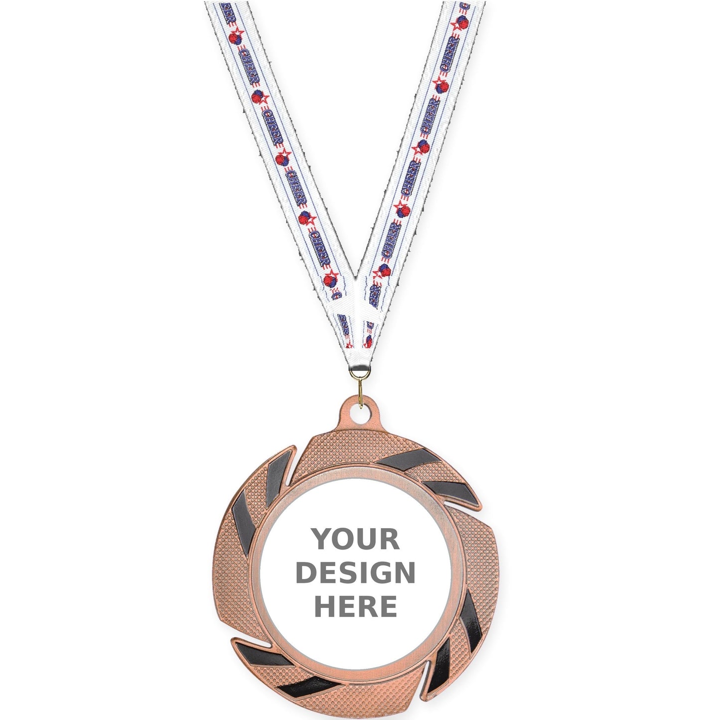 2 3/4 inch Two-Tone Swoosh insert medal in bronze/black with Cheerleading neck ribbon