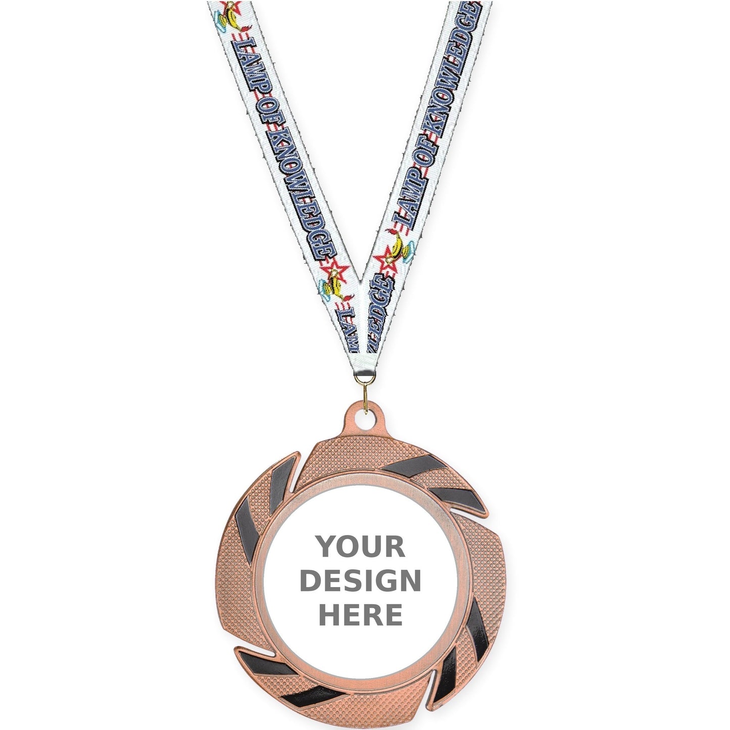 2 3/4 inch Two-Tone Swoosh insert medal in bronze/black with Lamp Of Knowledge neck ribbon