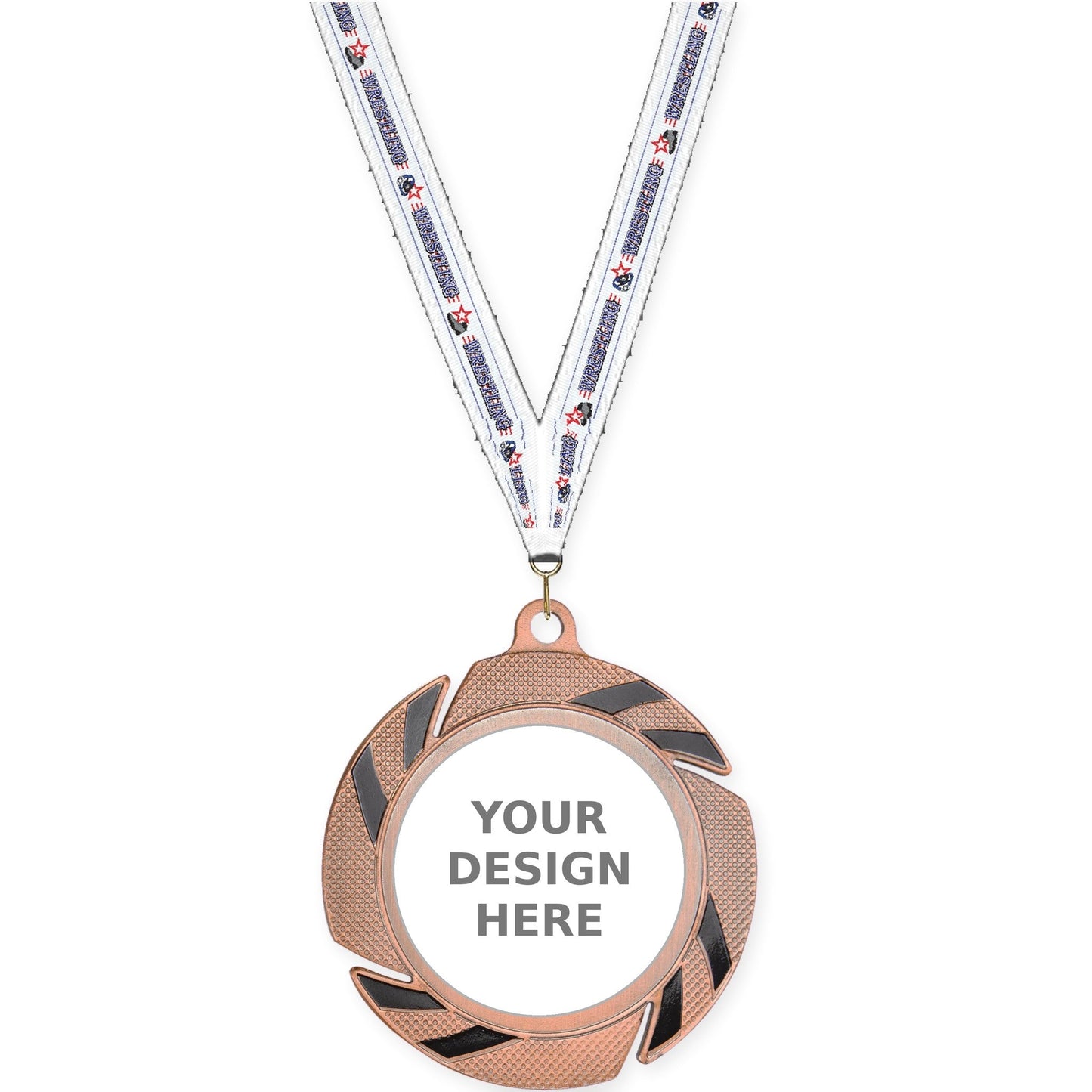 2 3/4 inch Two-Tone Swoosh insert medal in bronze/black with Wrestling neck ribbon