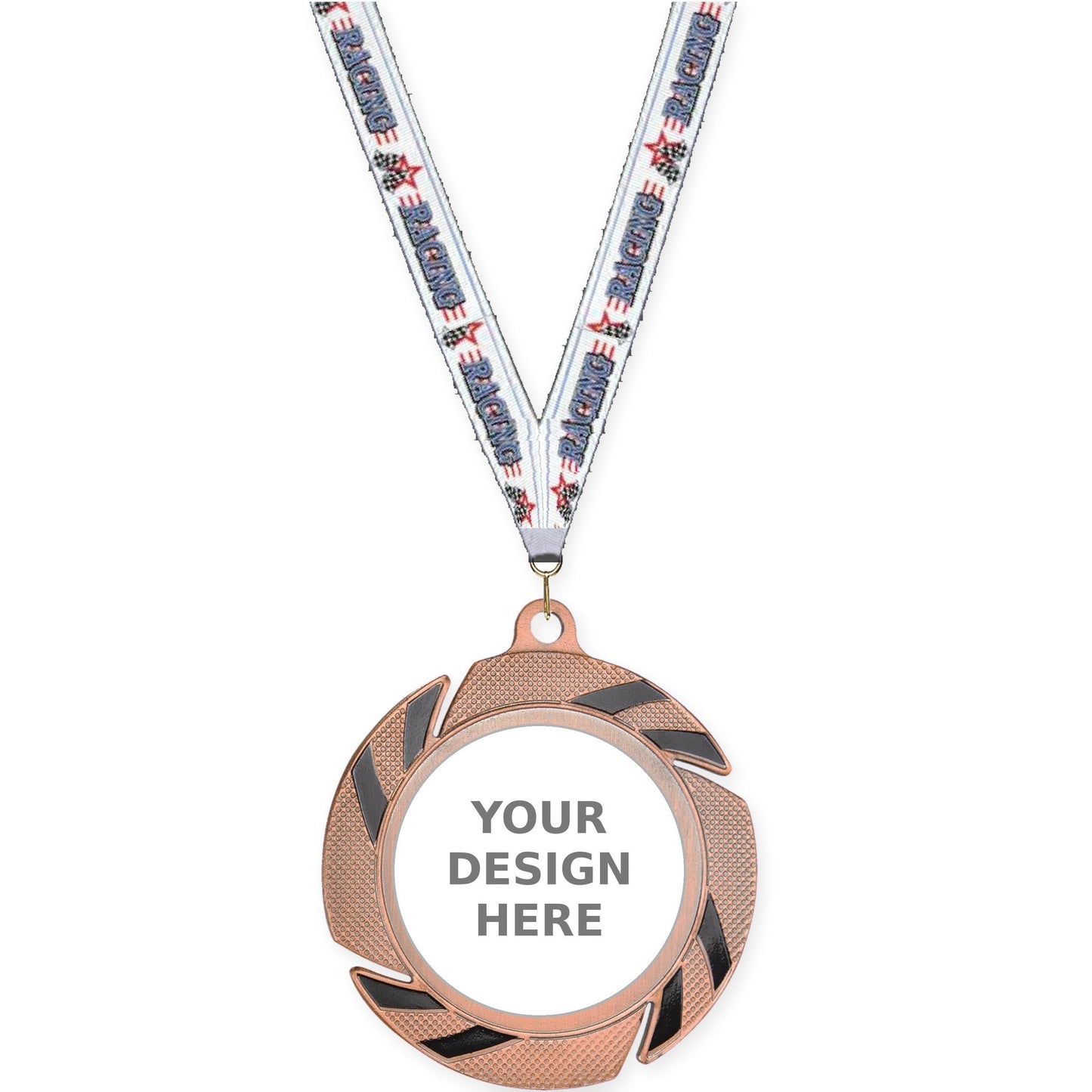 2 3/4 inch Two-Tone Swoosh insert medal in bronze/black with Auto Racing neck ribbon