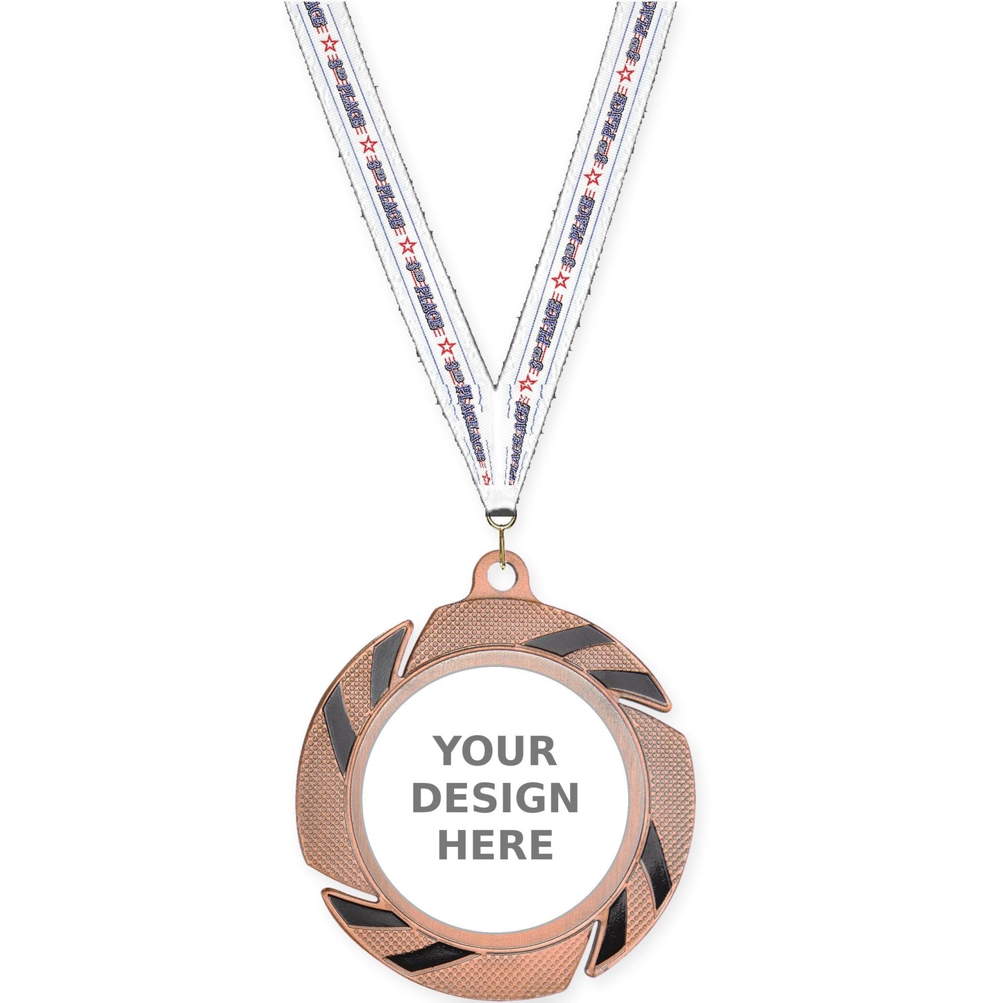 2 3/4 inch Two-Tone Swoosh insert medal in bronze/black with 3rd Place neck ribbon