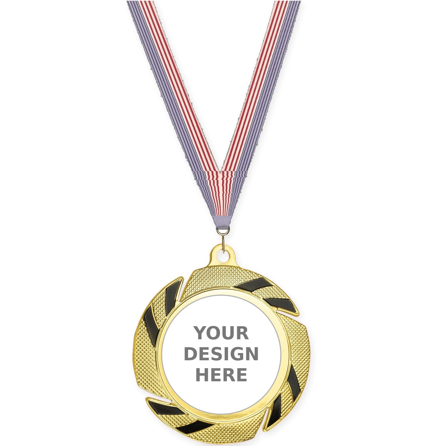 2 3/4 inch Two-Tone Swoosh insert medal in gold/black with USA Flag neck ribbon