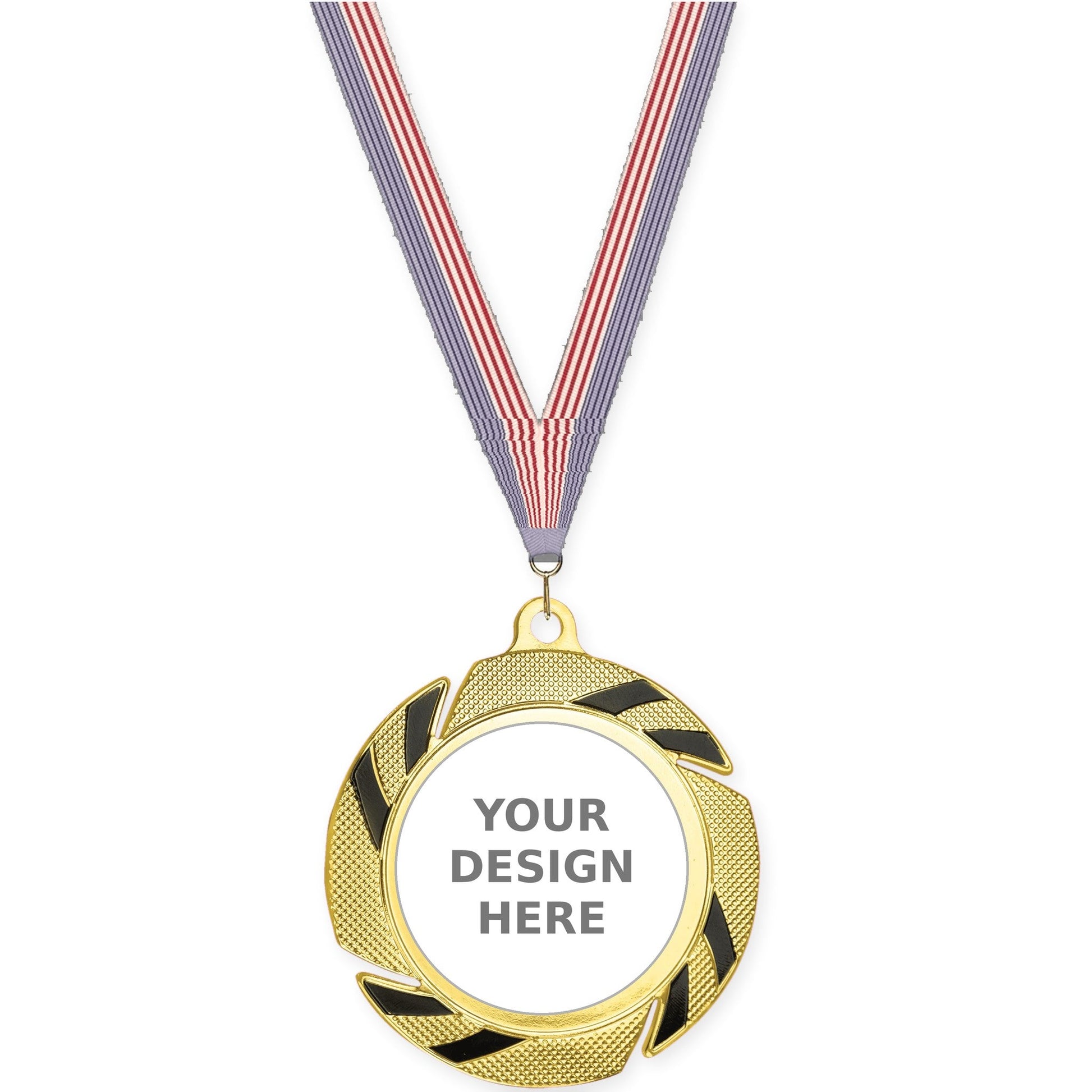 2 3/4 inch Two-Tone Swoosh insert medal in gold/black with USA Flag neck ribbon