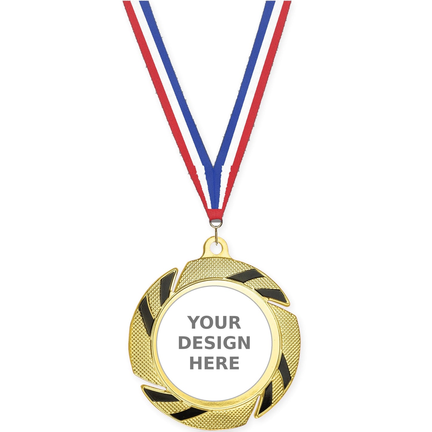 2 3/4 inch Two-Tone Swoosh insert medal in gold/black with Red White Blue neck ribbon