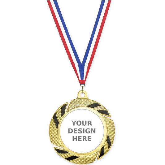 2 3/4 inch Two-Tone Swoosh insert medal in gold/black with Red White Blue neck ribbon