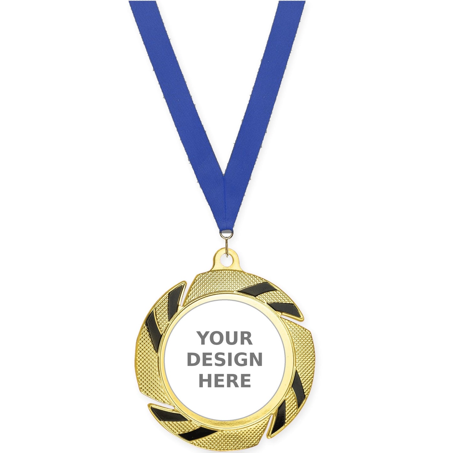 2 3/4 inch Two-Tone Swoosh insert medal in gold/black with Blue neck ribbon
