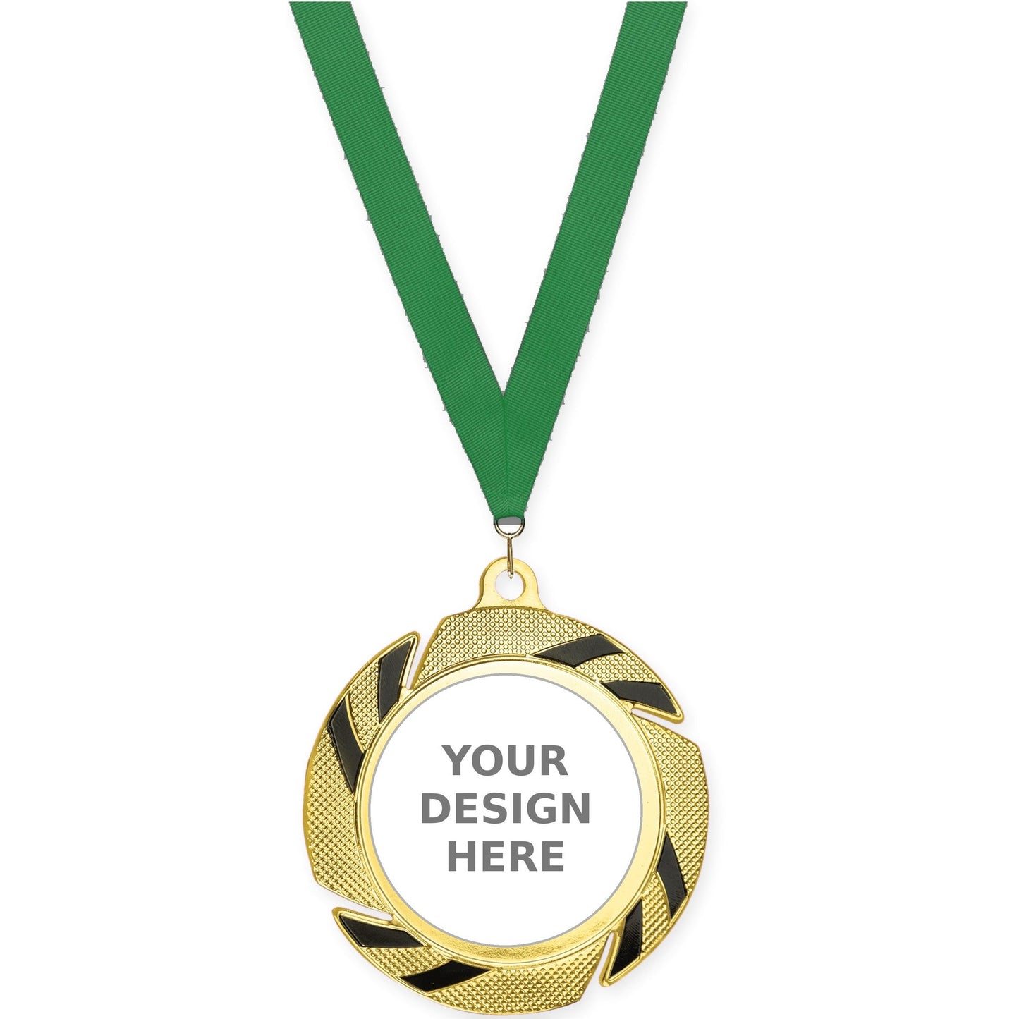 2 3/4 inch Two-Tone Swoosh insert medal in gold/black with Green neck ribbon