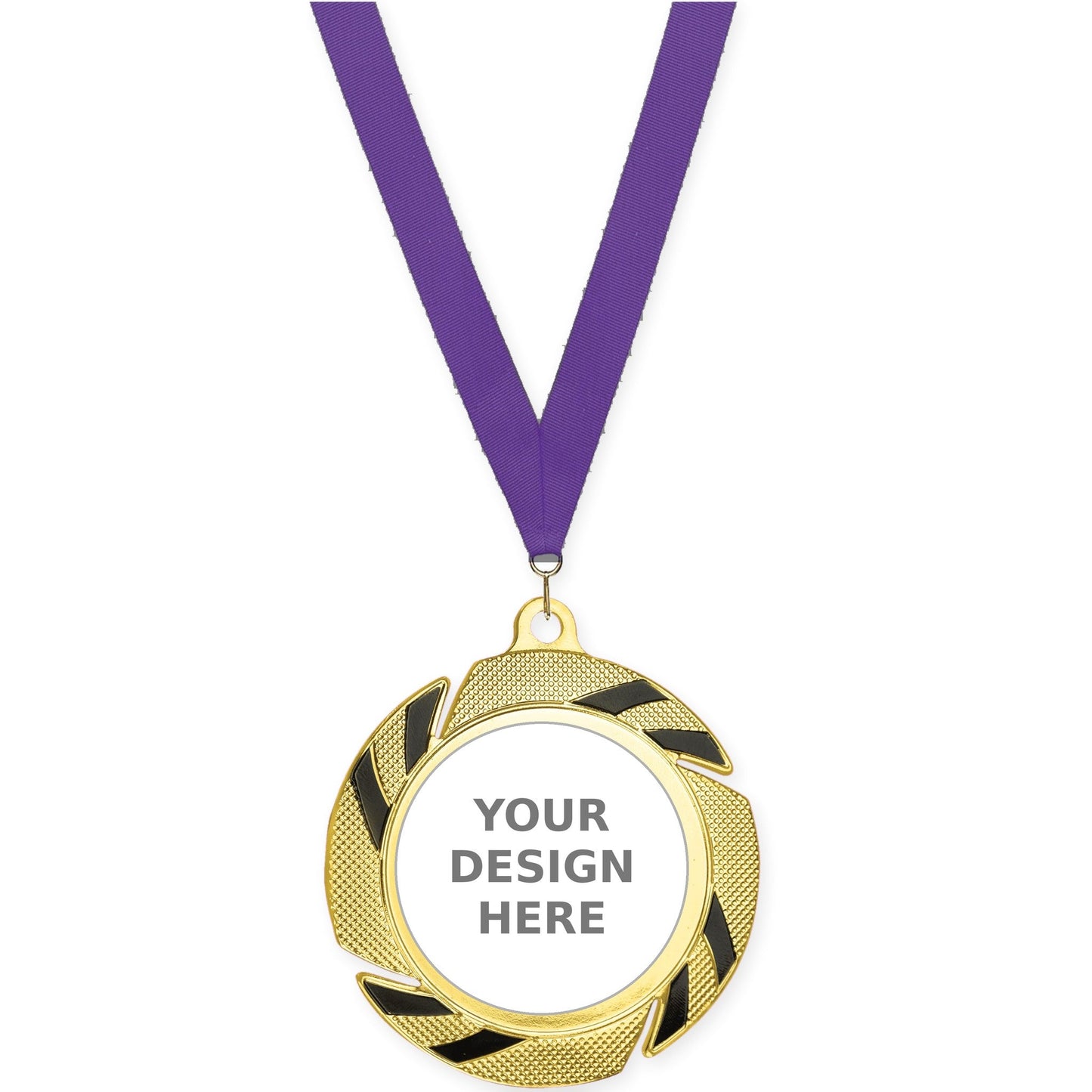 2 3/4 inch Two-Tone Swoosh insert medal in gold/black with Purple neck ribbon