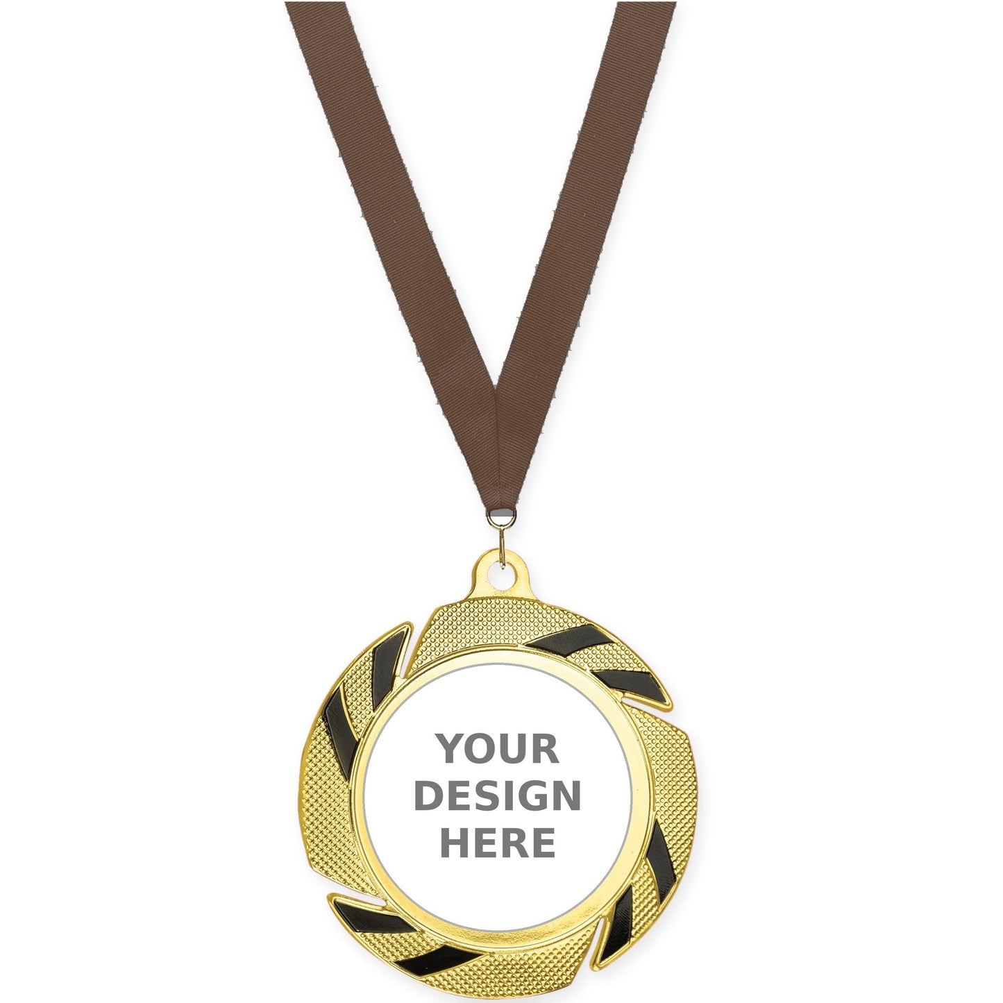 2 3/4 inch Two-Tone Swoosh insert medal in gold/black with Brown neck ribbon