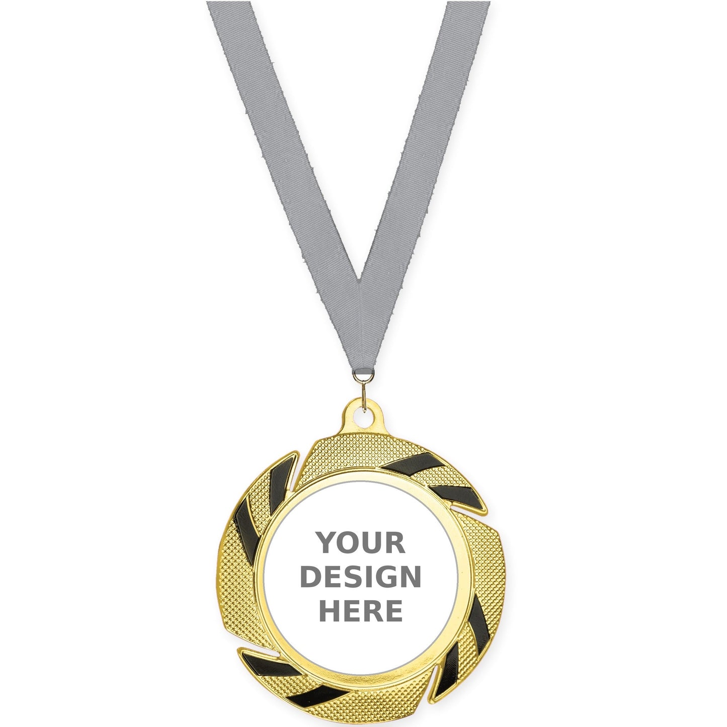 2 3/4 inch Two-Tone Swoosh insert medal in gold/black with Gray neck ribbon