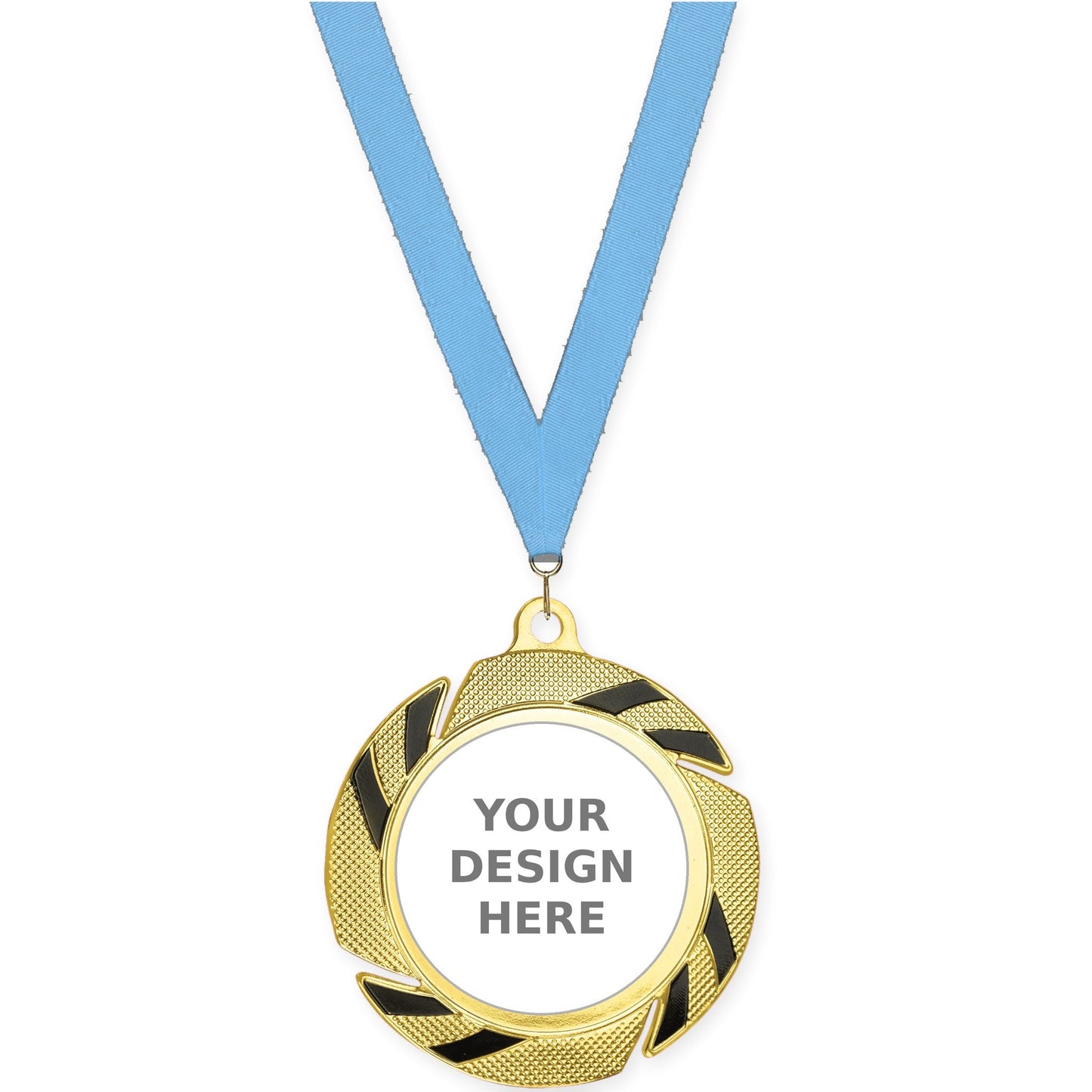 2 3/4 inch Two-Tone Swoosh insert medal in gold/black with Light Blue neck ribbon