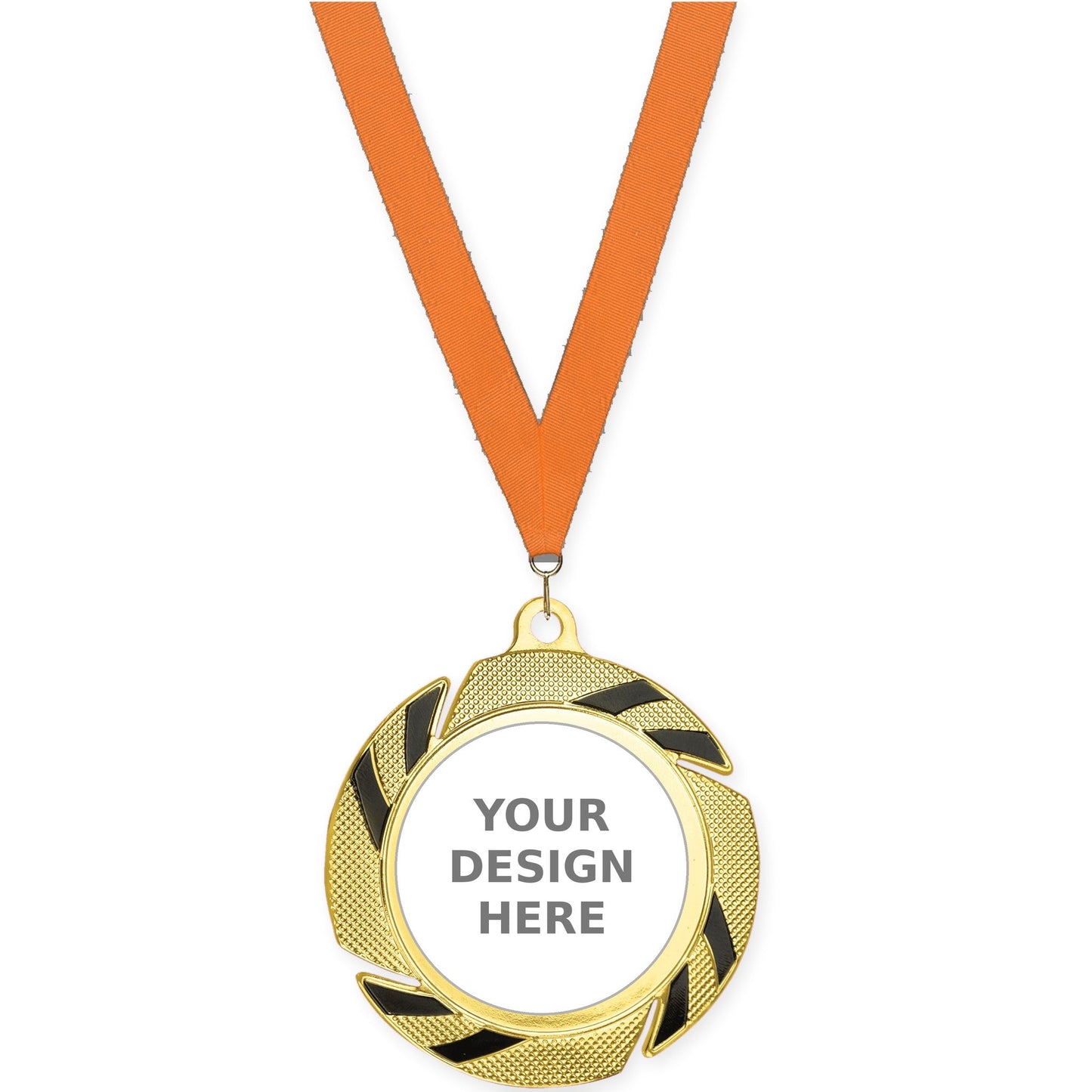 2 3/4 inch Two-Tone Swoosh insert medal in gold/black with Orange neck ribbon
