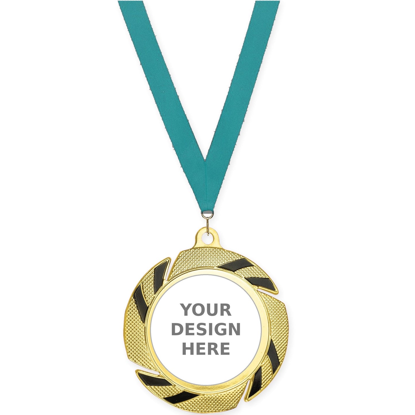 2 3/4 inch Two-Tone Swoosh insert medal in gold/black with Teal neck ribbon