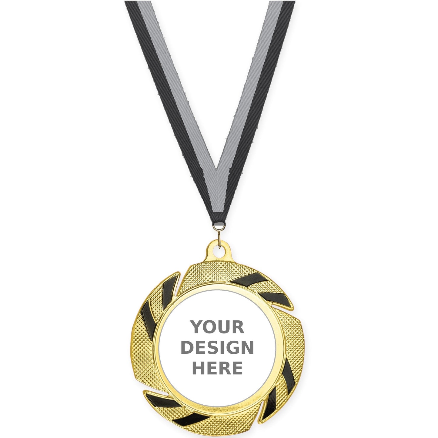 2 3/4 inch Two-Tone Swoosh insert medal in gold/black with Black Gray neck ribbon