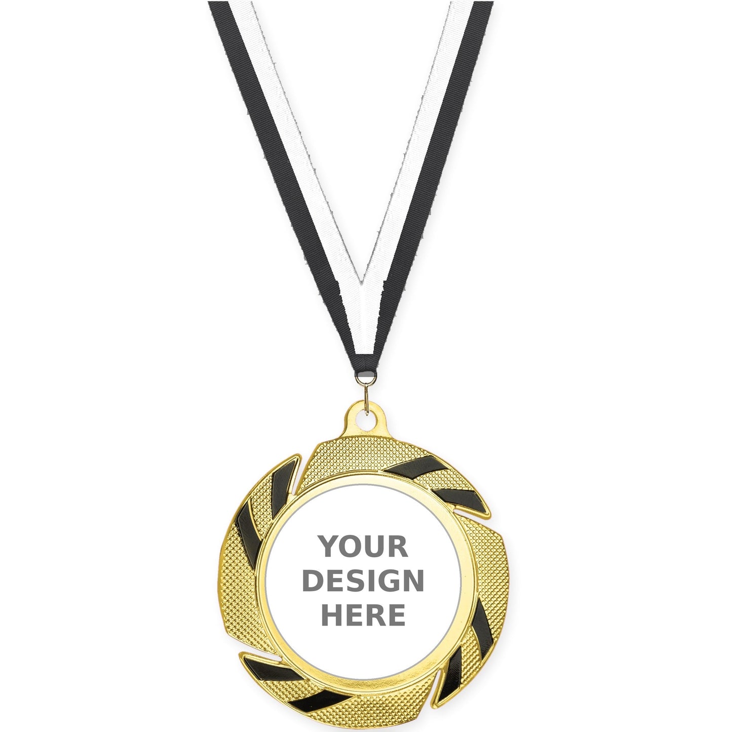 2 3/4 inch Two-Tone Swoosh insert medal in gold/black with Black White neck ribbon