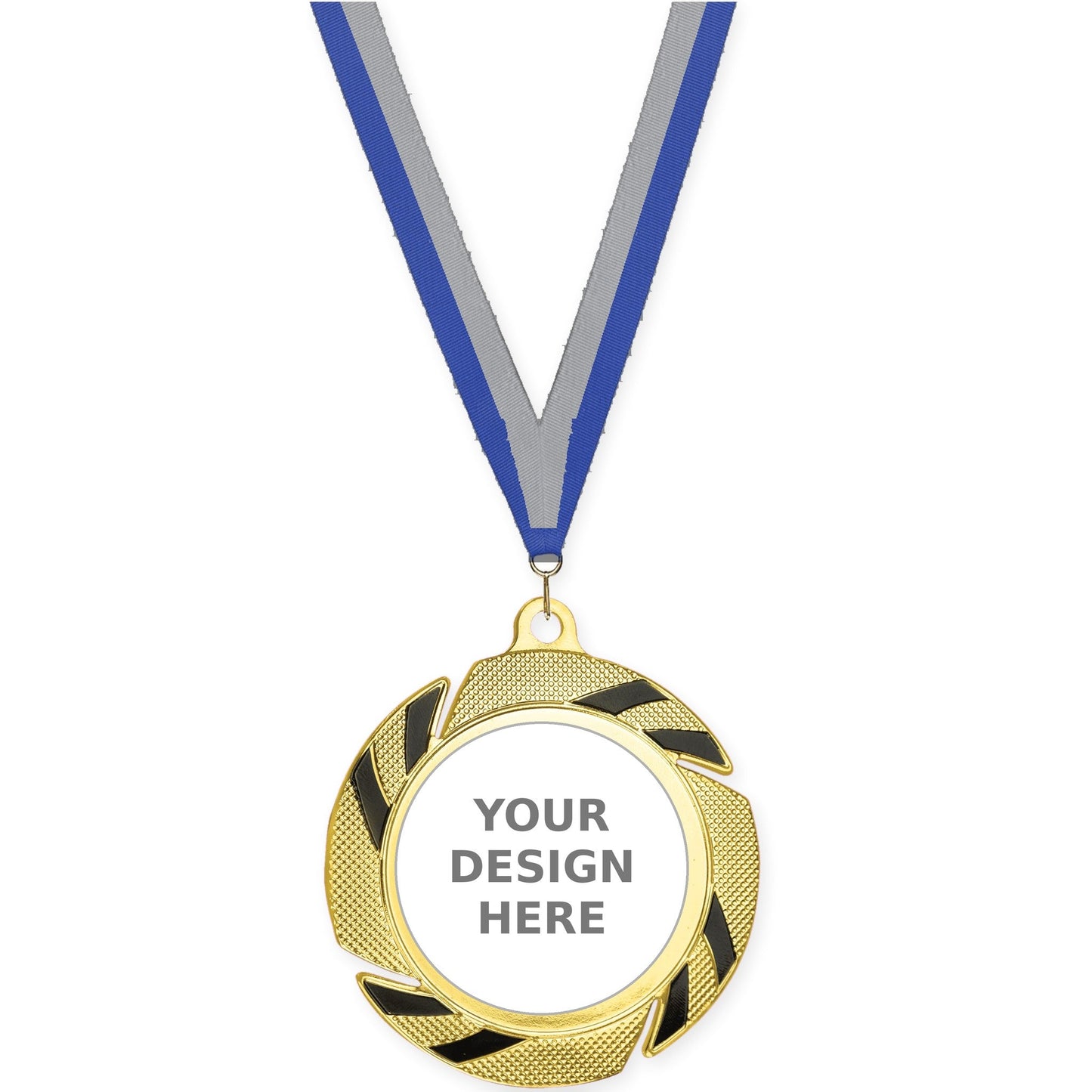 2 3/4 inch Two-Tone Swoosh insert medal in gold/black with Blue Gray neck ribbon