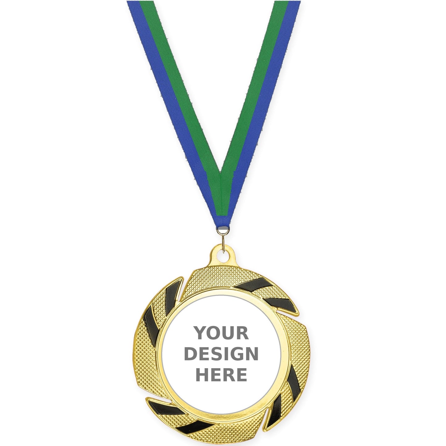 2 3/4 inch Two-Tone Swoosh insert medal in gold/black with Blue Green neck ribbon