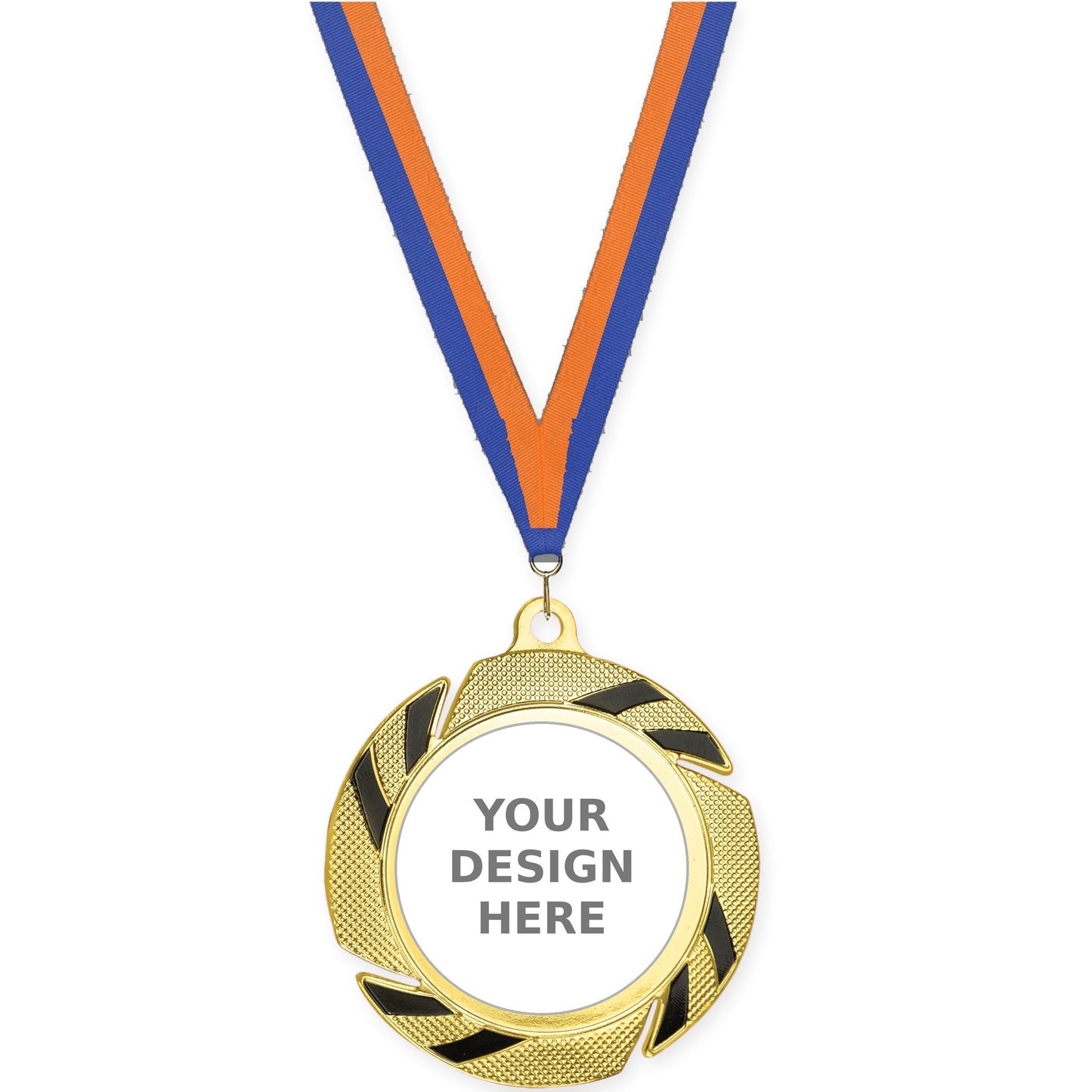 2 3/4 inch Two-Tone Swoosh insert medal in gold/black with Blue Orange neck ribbon