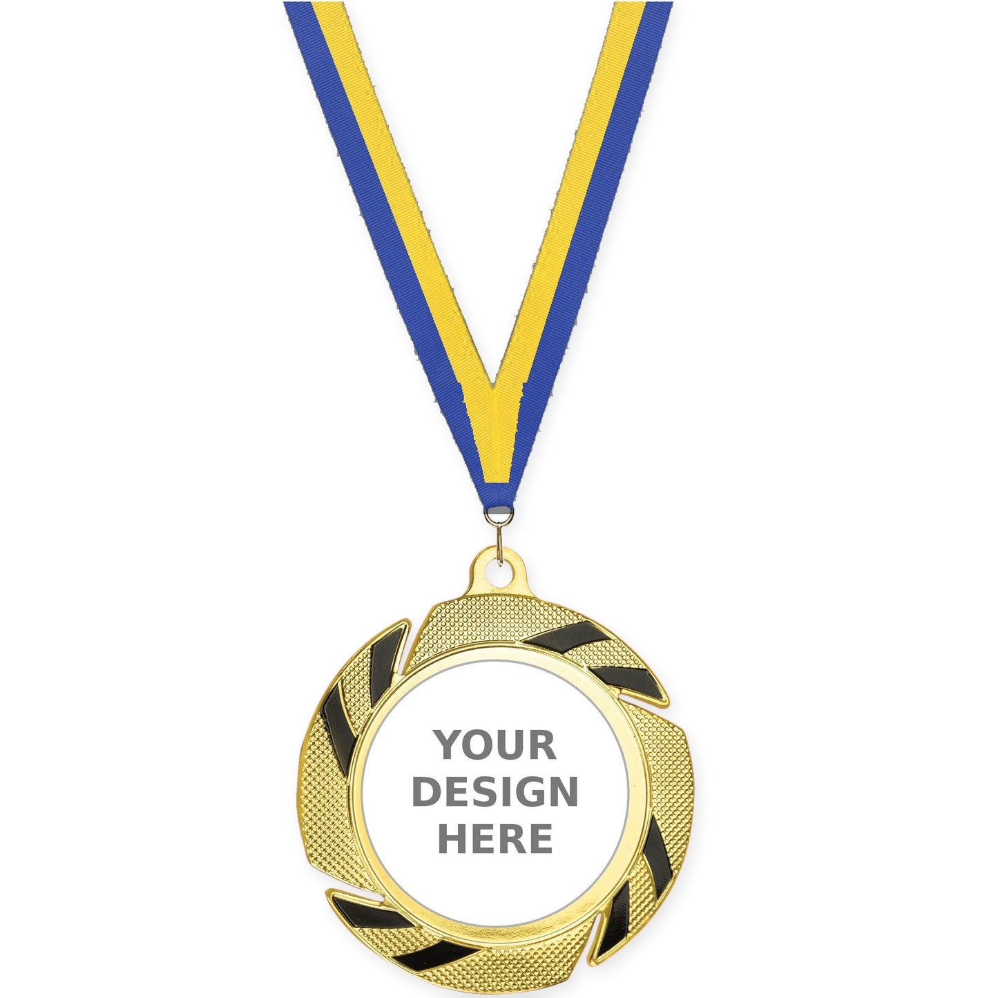 2 3/4 inch Two-Tone Swoosh insert medal in gold/black with Blue Yellow neck ribbon