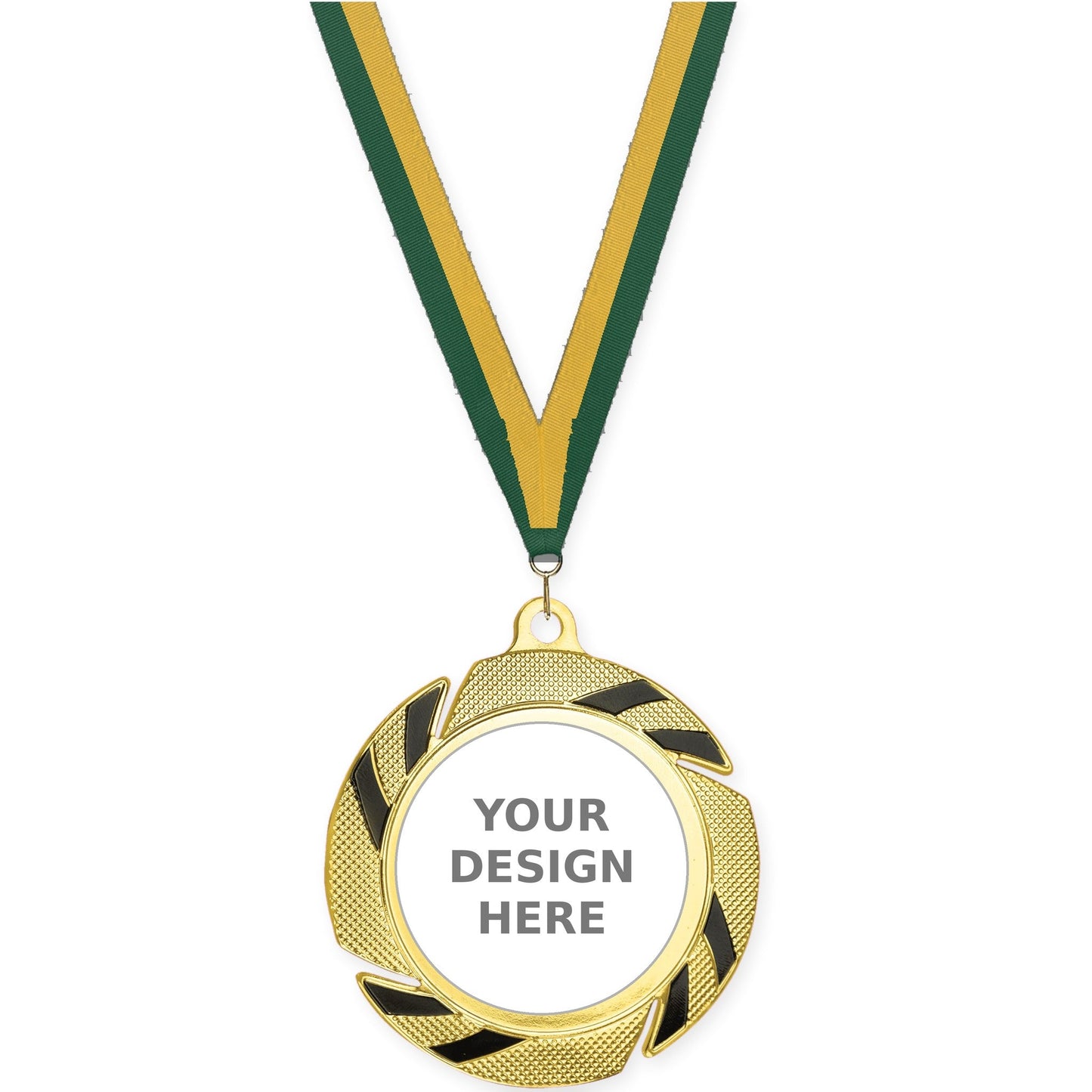 2 3/4 inch Two-Tone Swoosh insert medal in gold/black with Hunter Green Gold neck ribbon