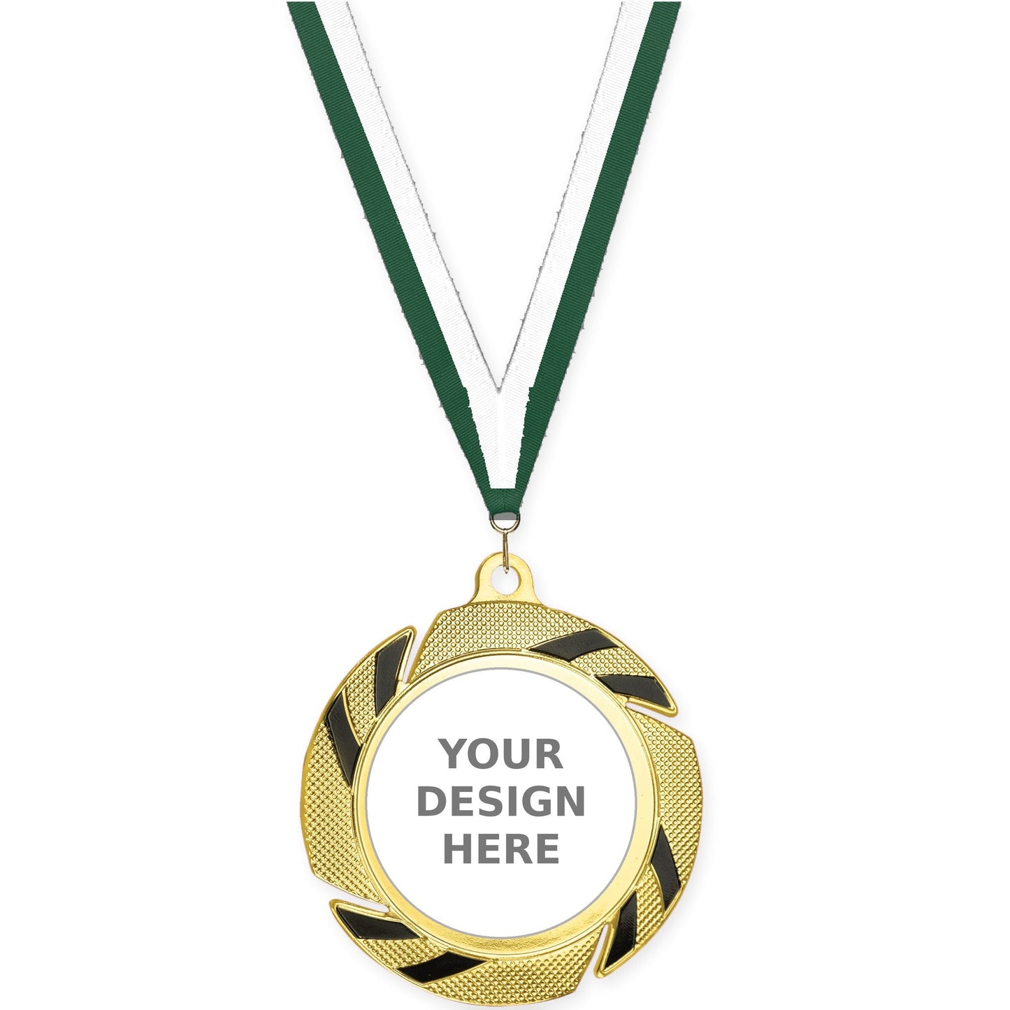 2 3/4 inch Two-Tone Swoosh insert medal in gold/black with Hunter Green White neck ribbon
