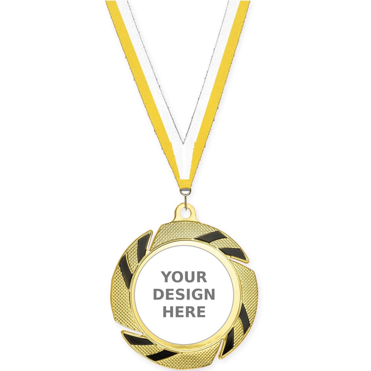 2 3/4 inch Two-Tone Swoosh insert medal in gold/black with Yellow White neck ribbon