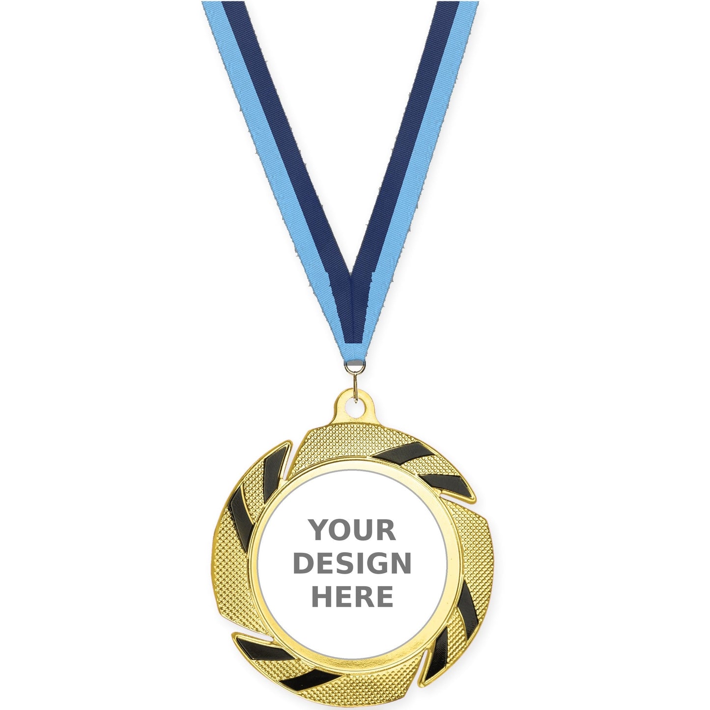 2 3/4 inch Two-Tone Swoosh insert medal in gold/black with Light Blue Navy neck ribbon