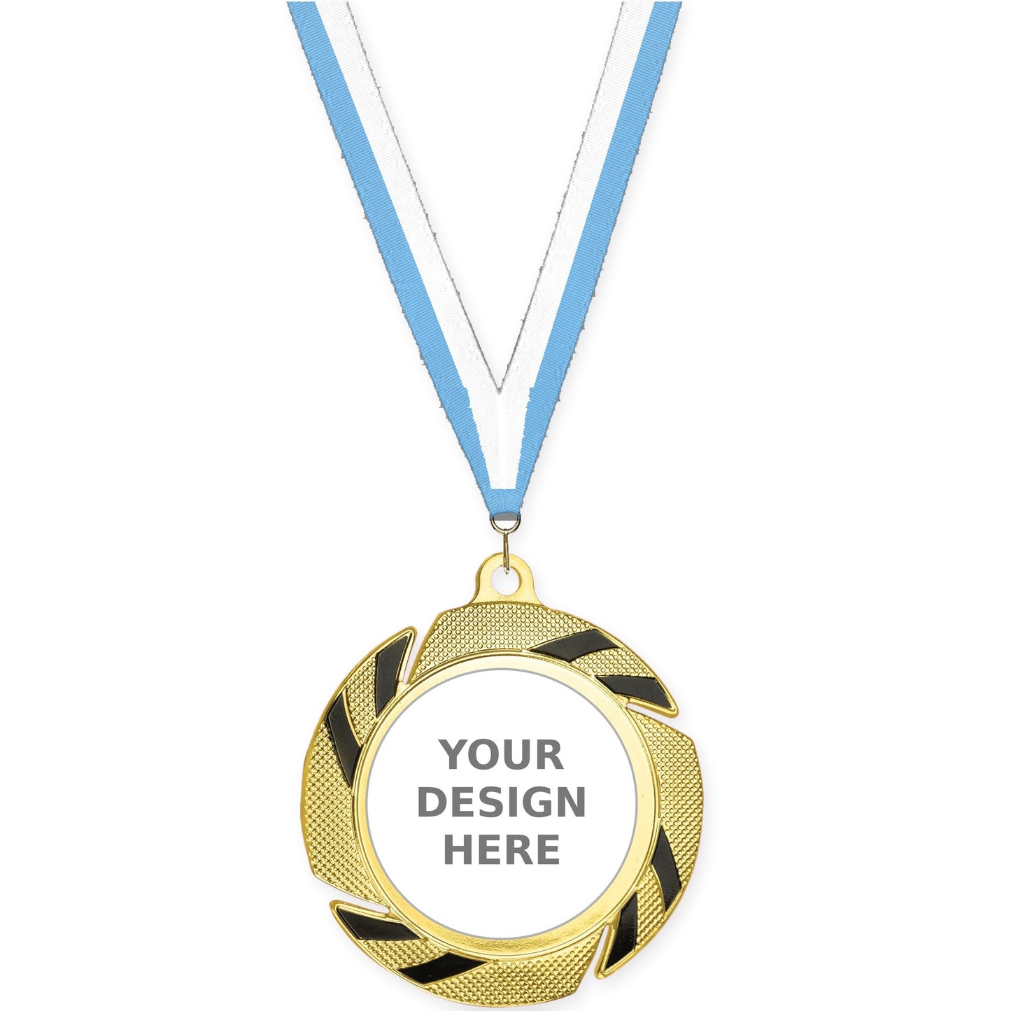 2 3/4 inch Two-Tone Swoosh insert medal in gold/black with Light Blue White neck ribbon