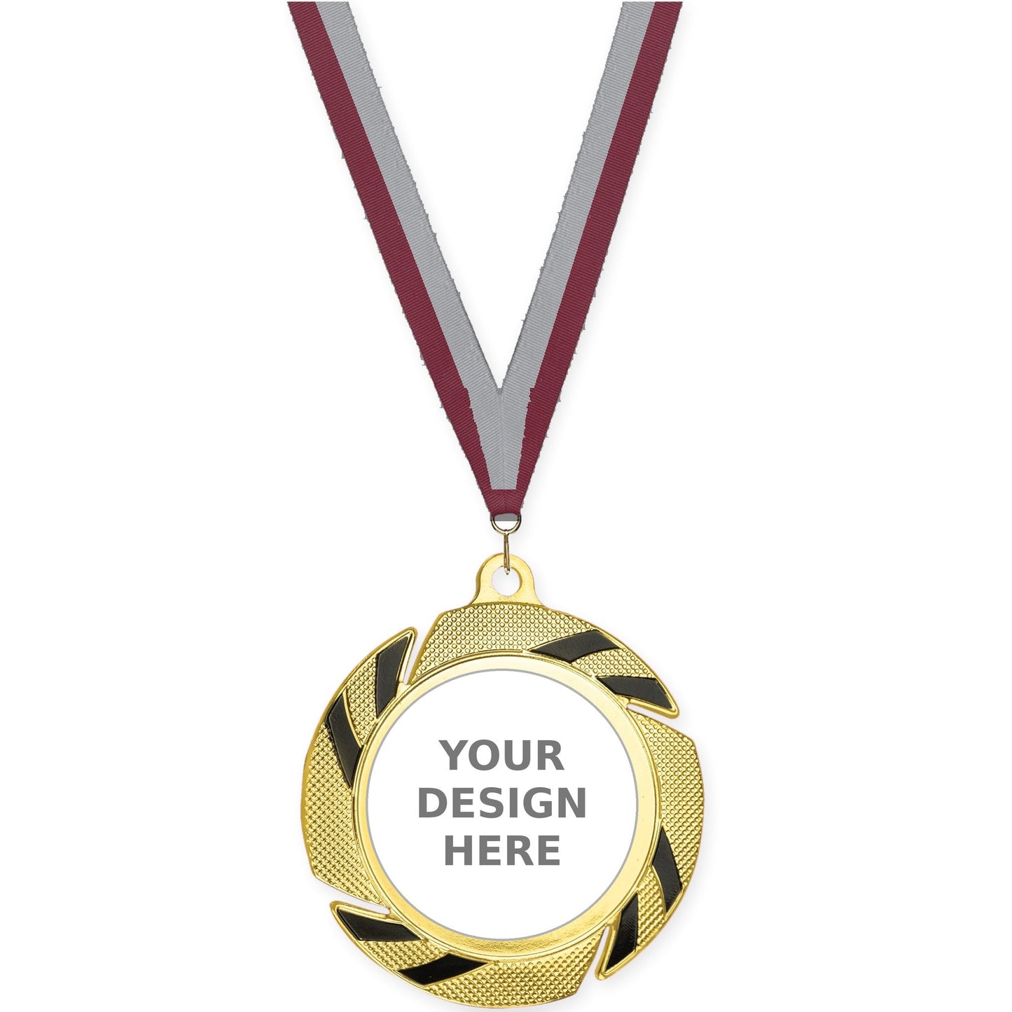 2 3/4 inch Two-Tone Swoosh insert medal in gold/black with Maroon Gray neck ribbon