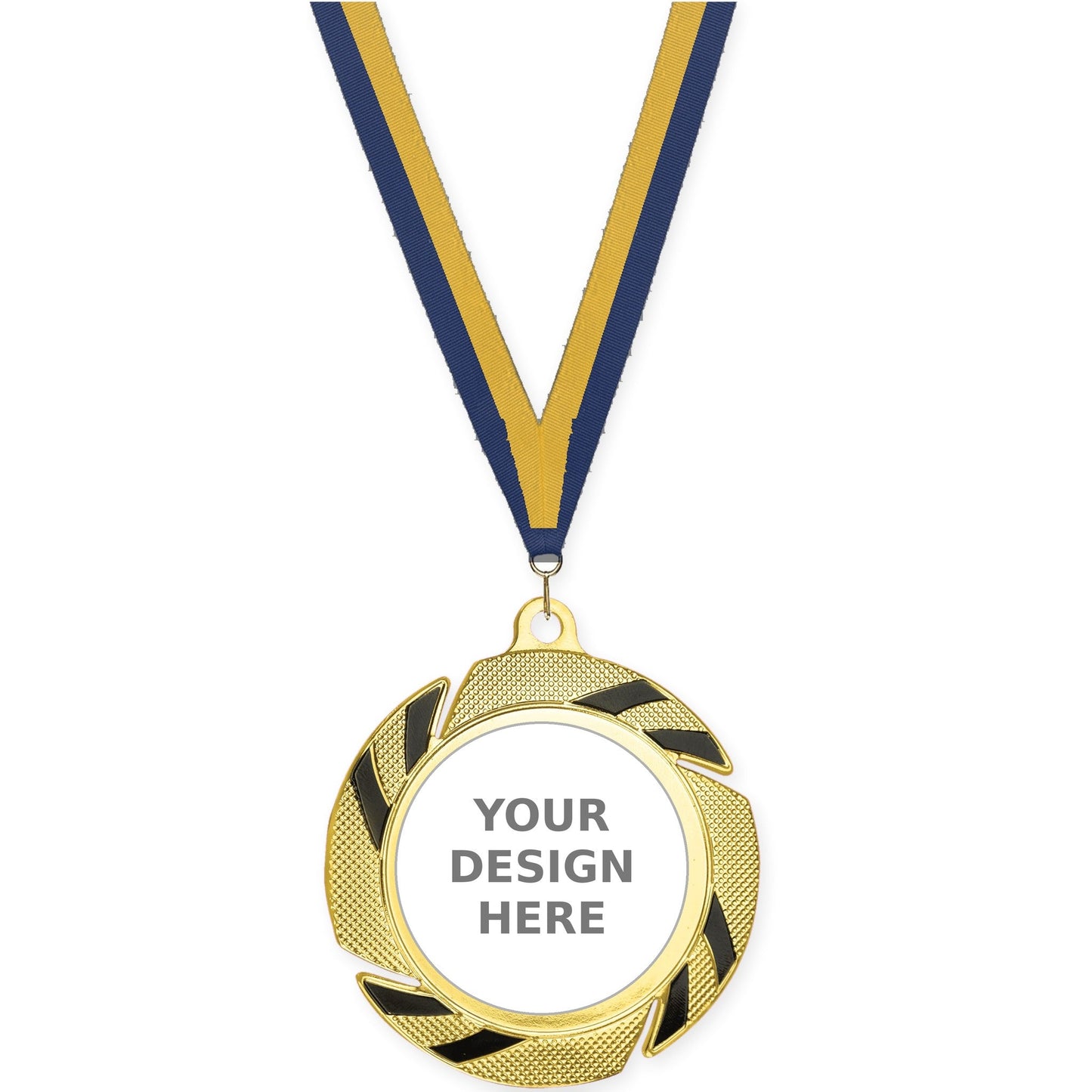 2 3/4 inch Two-Tone Swoosh insert medal in gold/black with Navy Gold neck ribbon