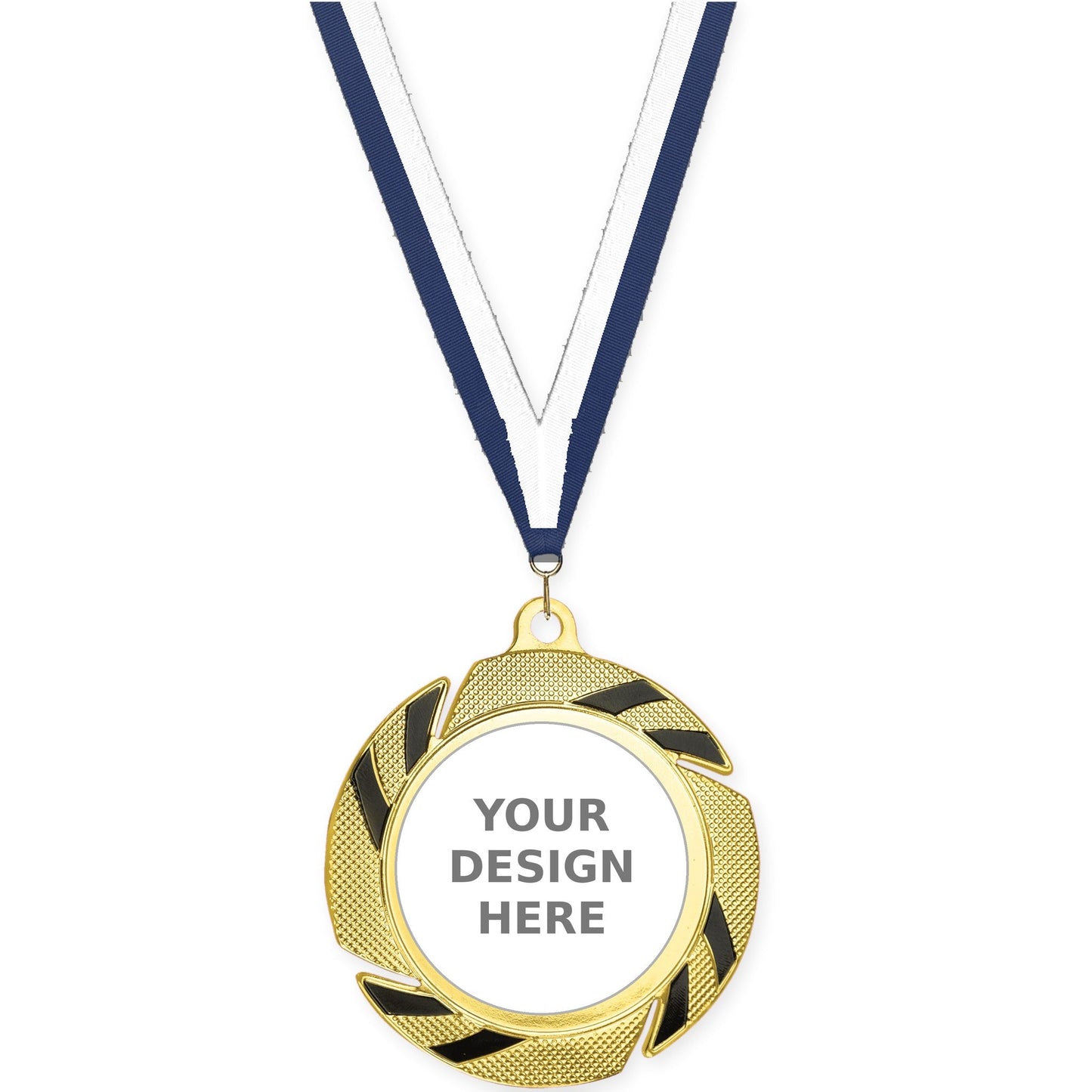 2 3/4 inch Two-Tone Swoosh insert medal in gold/black with Navy White neck ribbon